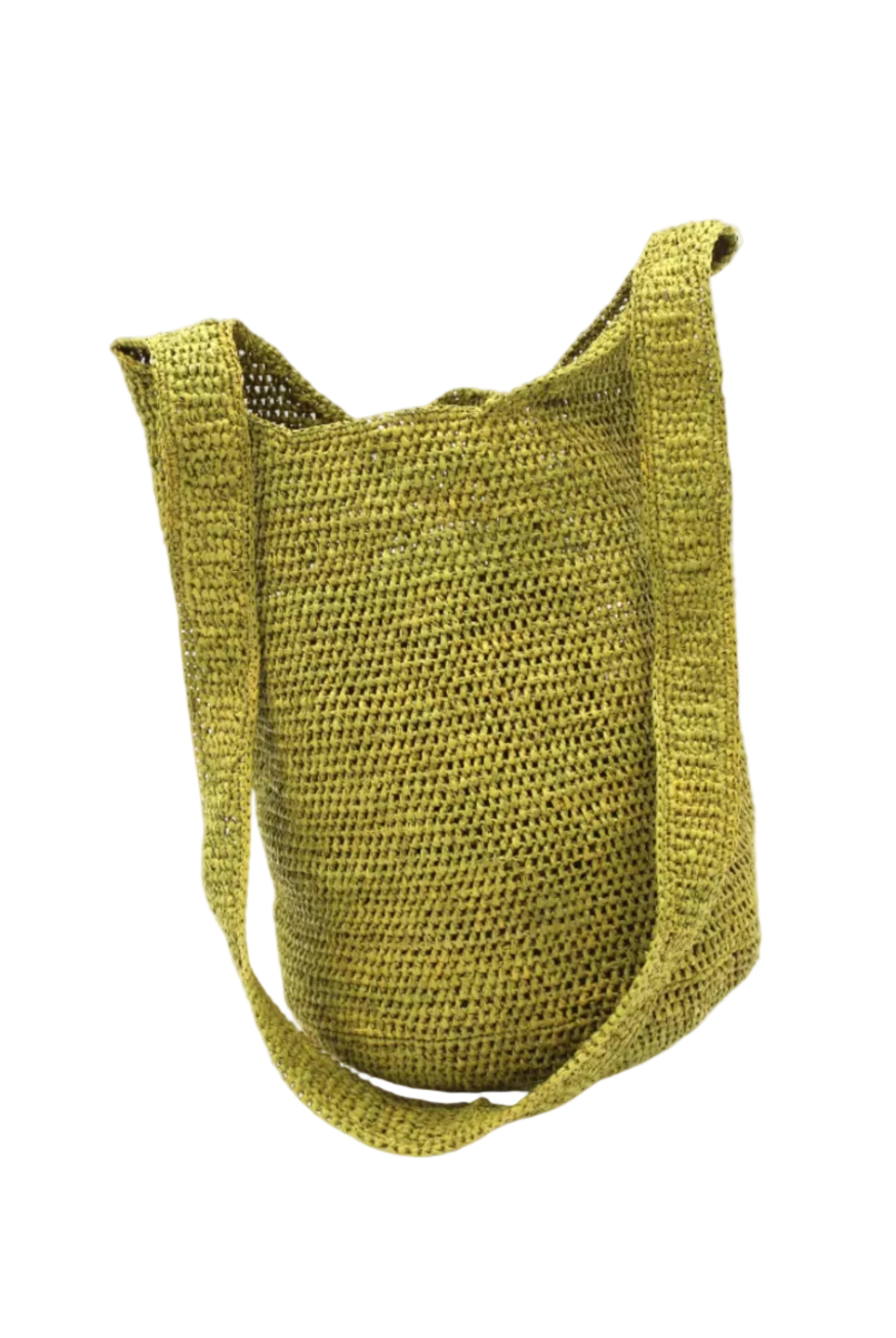 Kiki Crochet Straw Crossbody Bag handmade natural raffia palm fiber in a crochet pattern of subtle linked bands in a solid hue of olive yellow/green purse - Shebobo