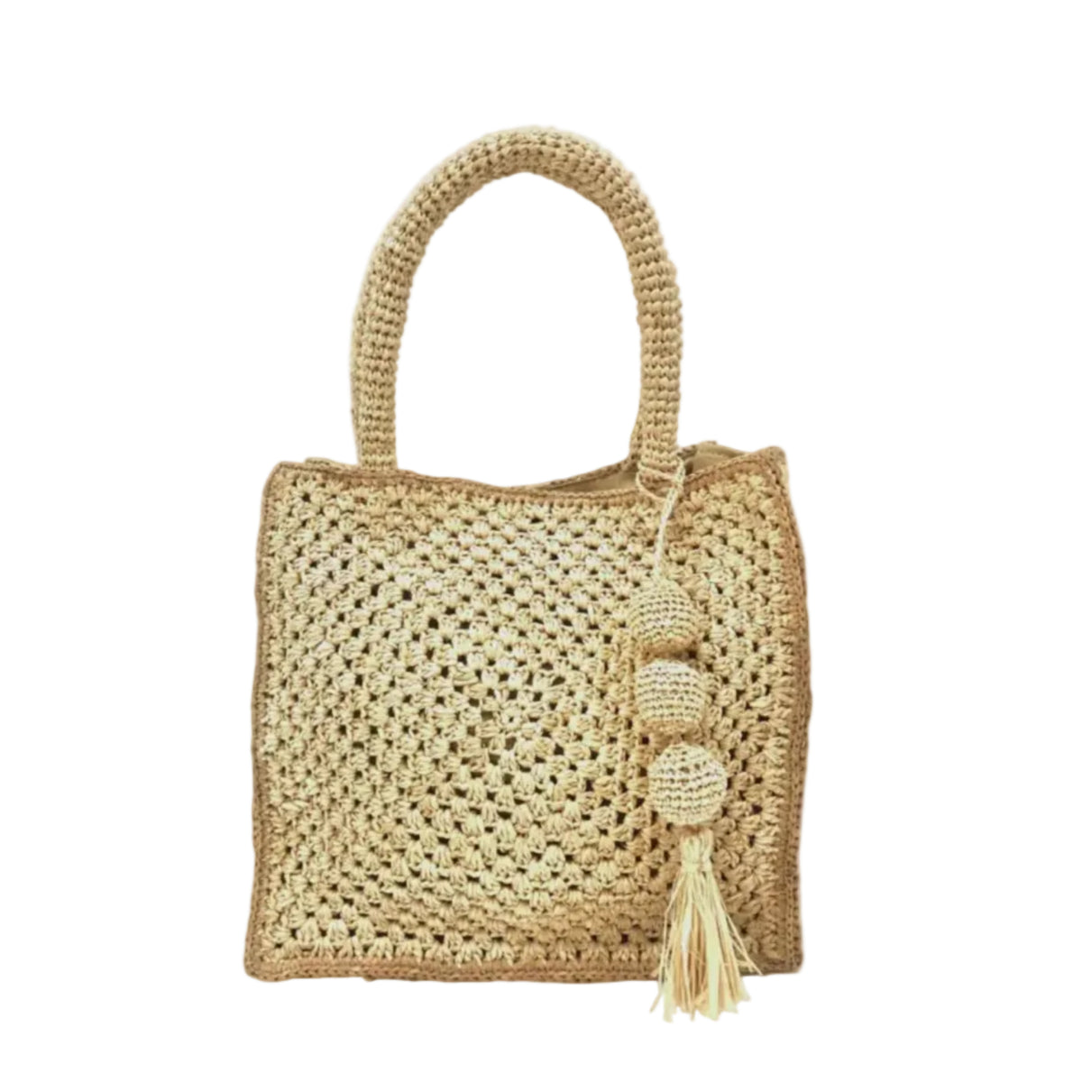 Kimba Crochet Handbag with Sphere Tassel Charm Embellishment handmade natural raffia palm fibers crochet into a granny square pattern with cappuccino/light brown detail edging - Shebobo