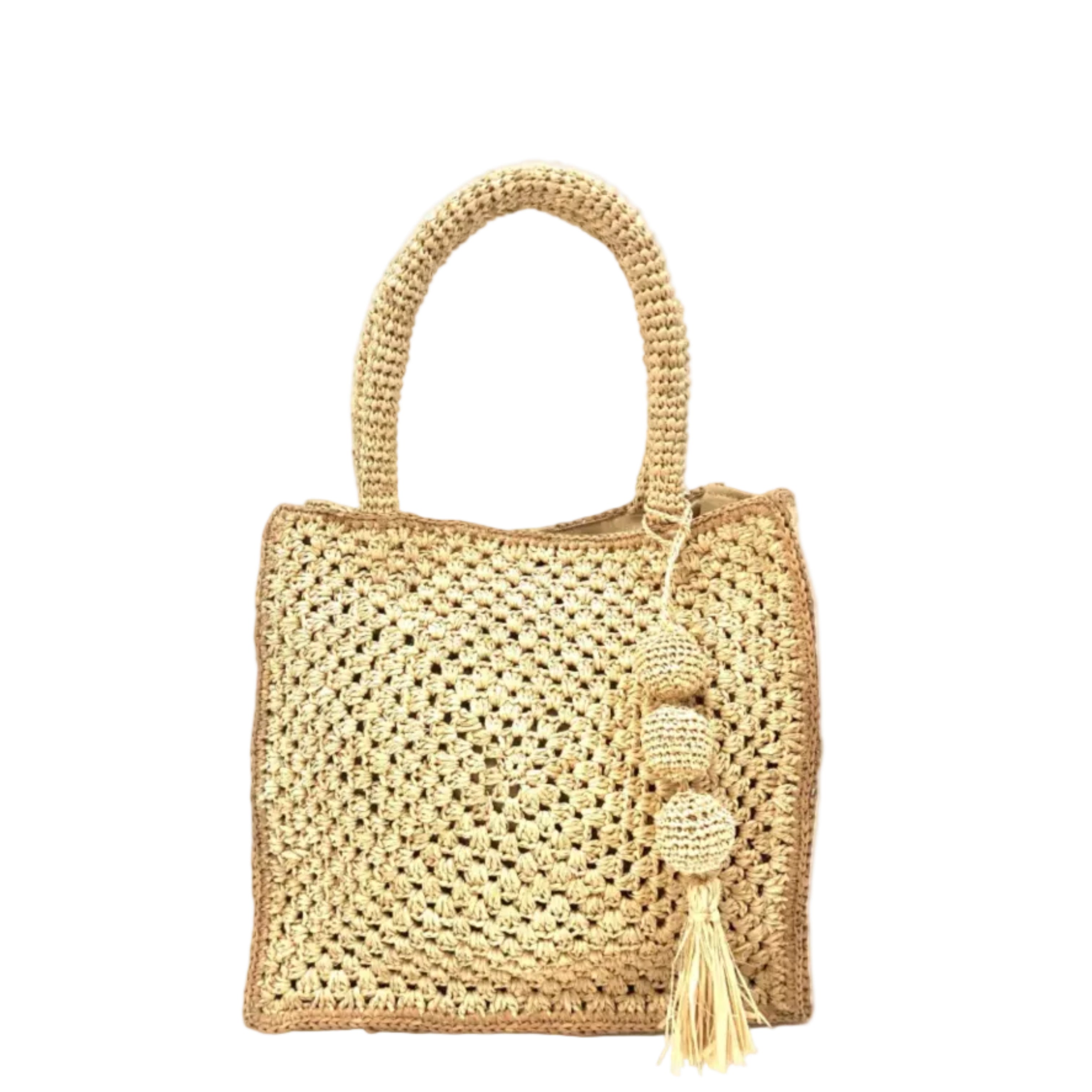 Kimba Crochet Handbag with Sphere Tassel Charm Embellishment handmade natural raffia palm fibers crochet into a granny square pattern with cappuccino/light brown detail edging - Shebobo