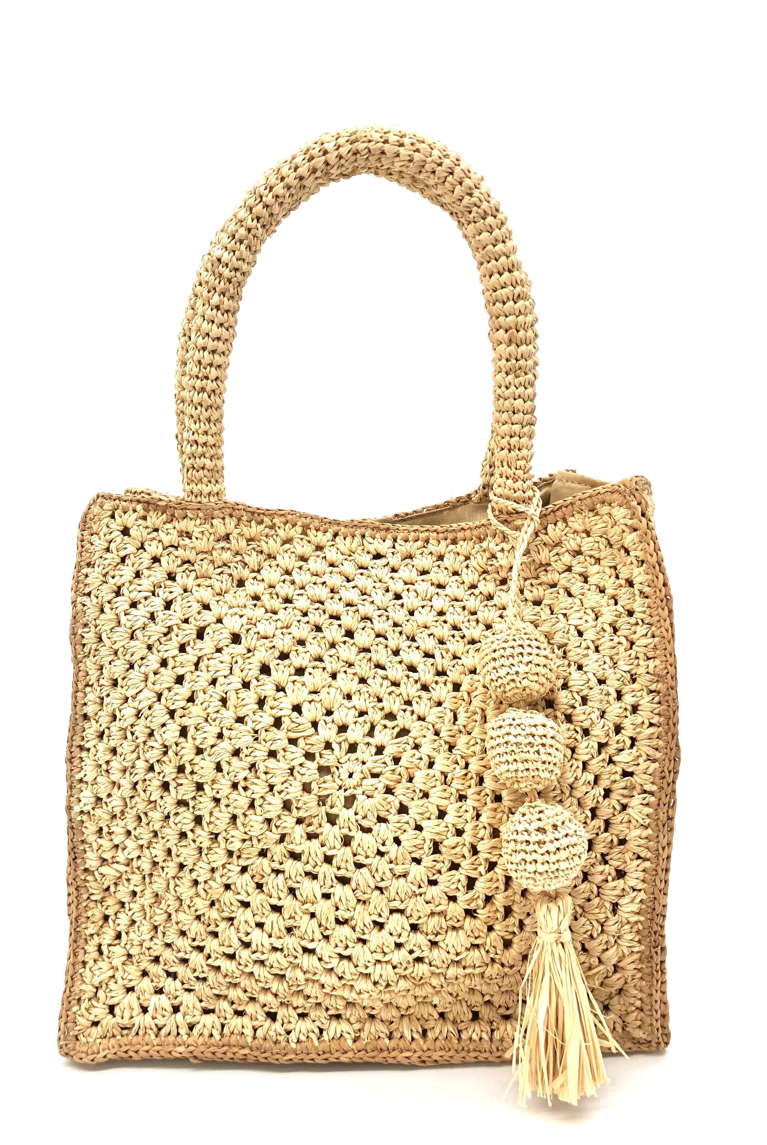 Kimba Crochet Handbag with Sphere Tassel Charm Embellishment handmade natural raffia palm fibers crochet into a granny square pattern with cappuccino/light brown detail edging - Shebobo