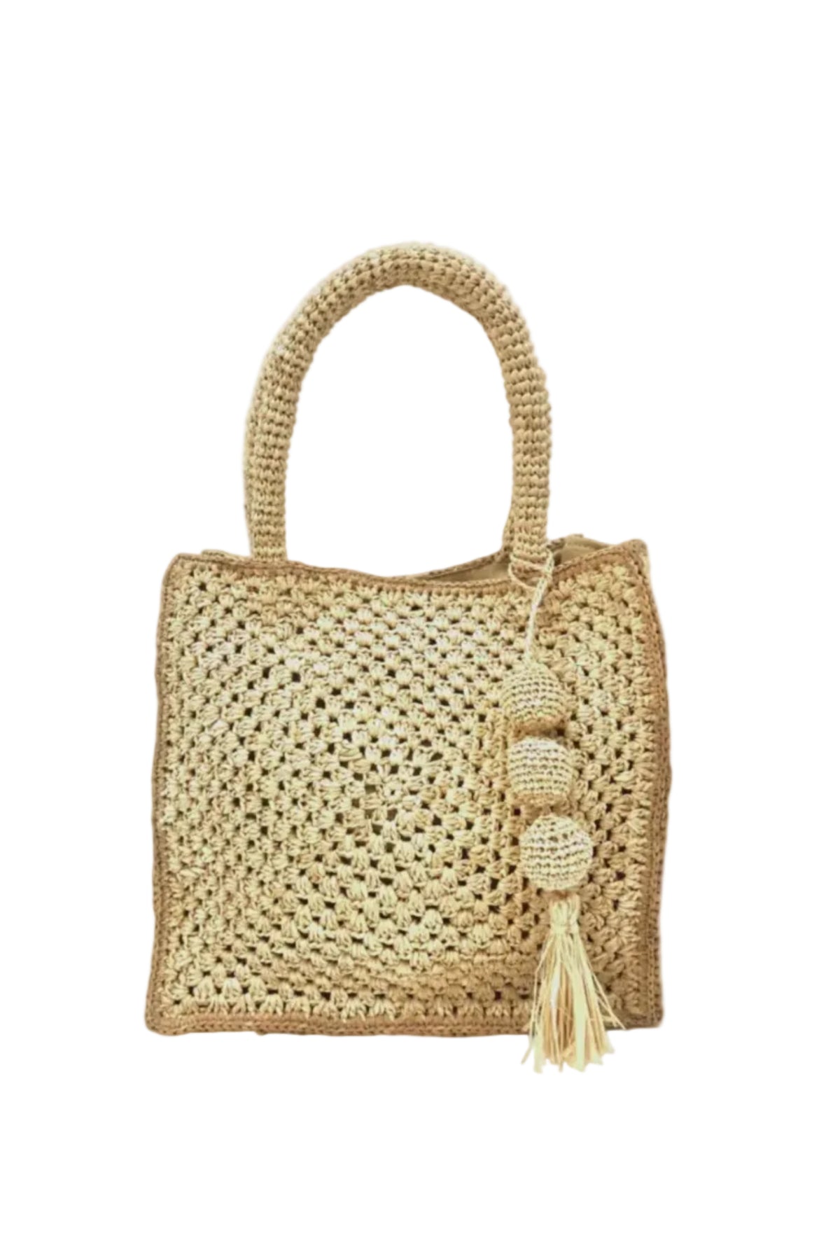 Kimba Crochet Handbag with Sphere Tassel Charm Embellishment handmade natural raffia palm fibers crochet into a granny square pattern with cappuccino/light brown detail edging - Shebobo
