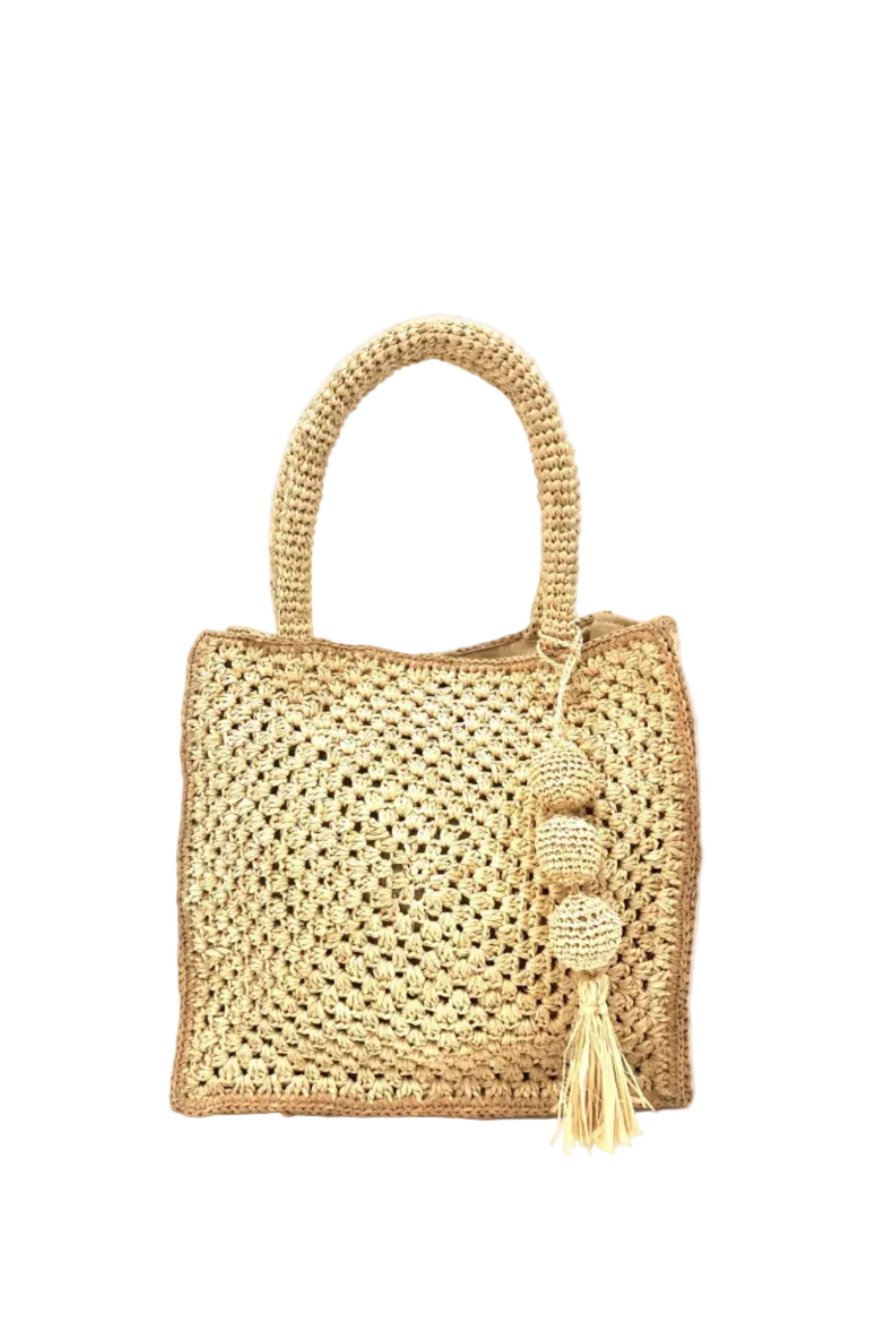 Kimba Crochet Handbag with Sphere Tassel Charm Embellishment handmade natural raffia palm fibers crochet into a granny square pattern with cappuccino/light brown detail edging - Shebobo