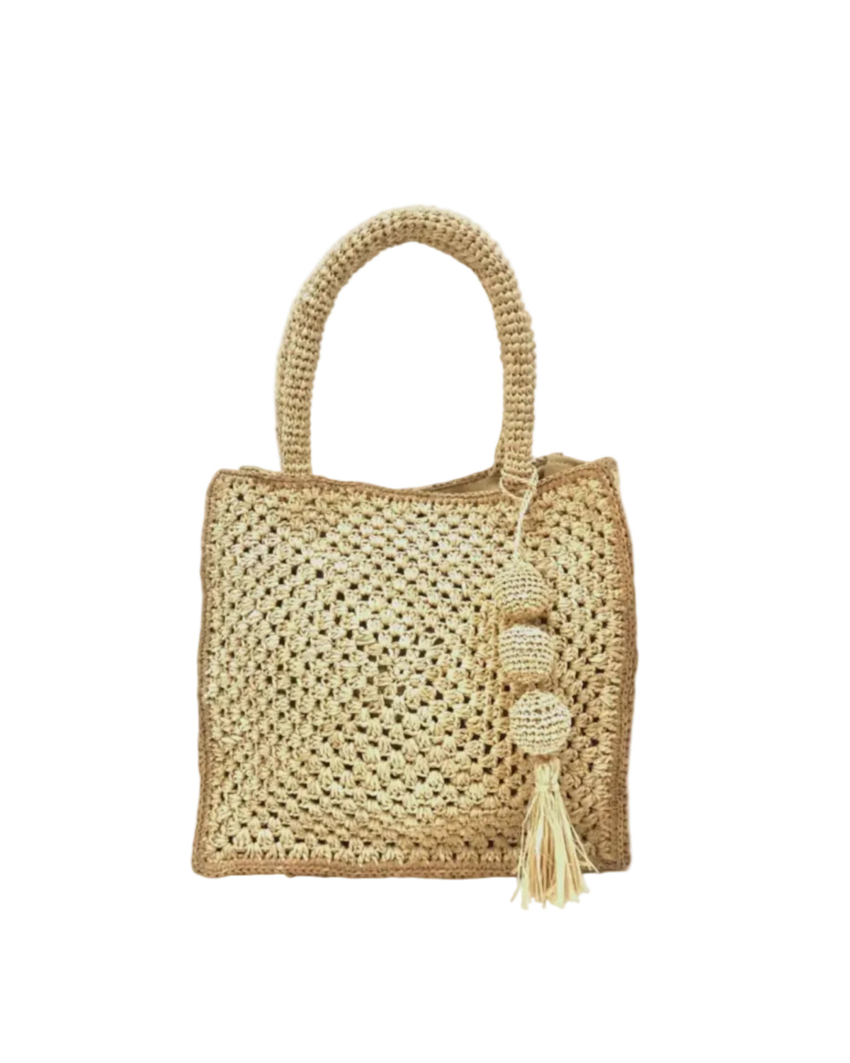 Kimba Crochet Handbag with Sphere Tassel Charm Embellishment handmade natural raffia palm fibers crochet into a granny square pattern with cappuccino/light brown detail edging - Shebobo