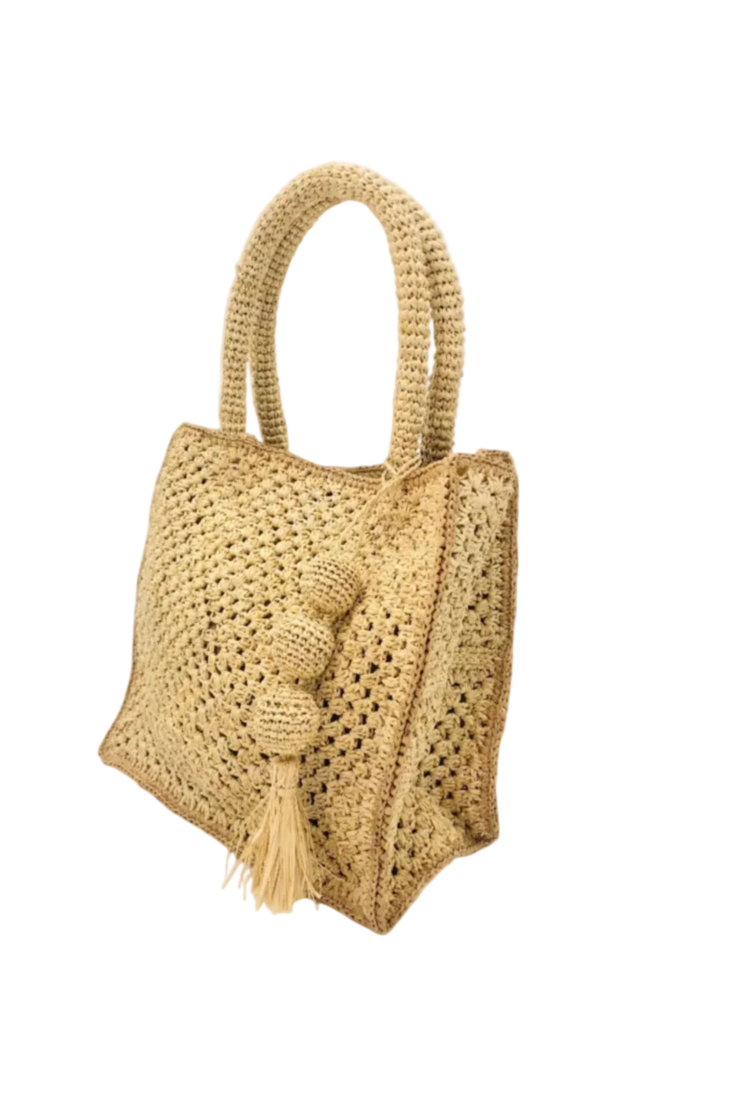 Side view of Kimba Crochet Handbag with Sphere Tassel Charm Embellishment handmade natural raffia palm fibers crochet into a granny square pattern with cappuccino/light brown detail edging - Shebobo
