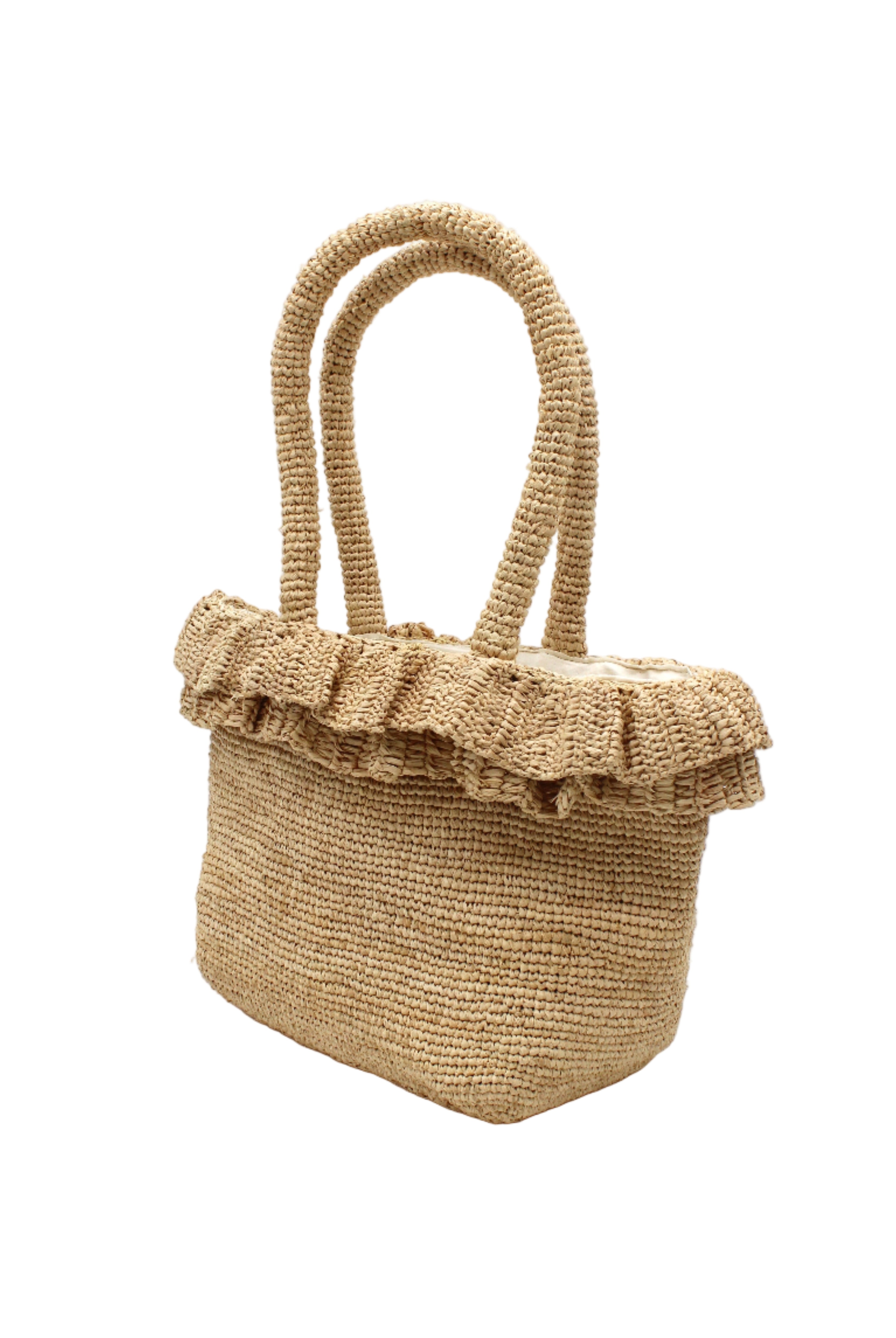 Side view Kiri Ruffle Crochet Straw Basket Handbag handmade crochet natural raffia palm fiber in a solid hue of natural straw color in subtle link texture with sweet double ruffle embellishment around the top of the bag and matching crochet handles beach bag shoulder bag - Shebobo