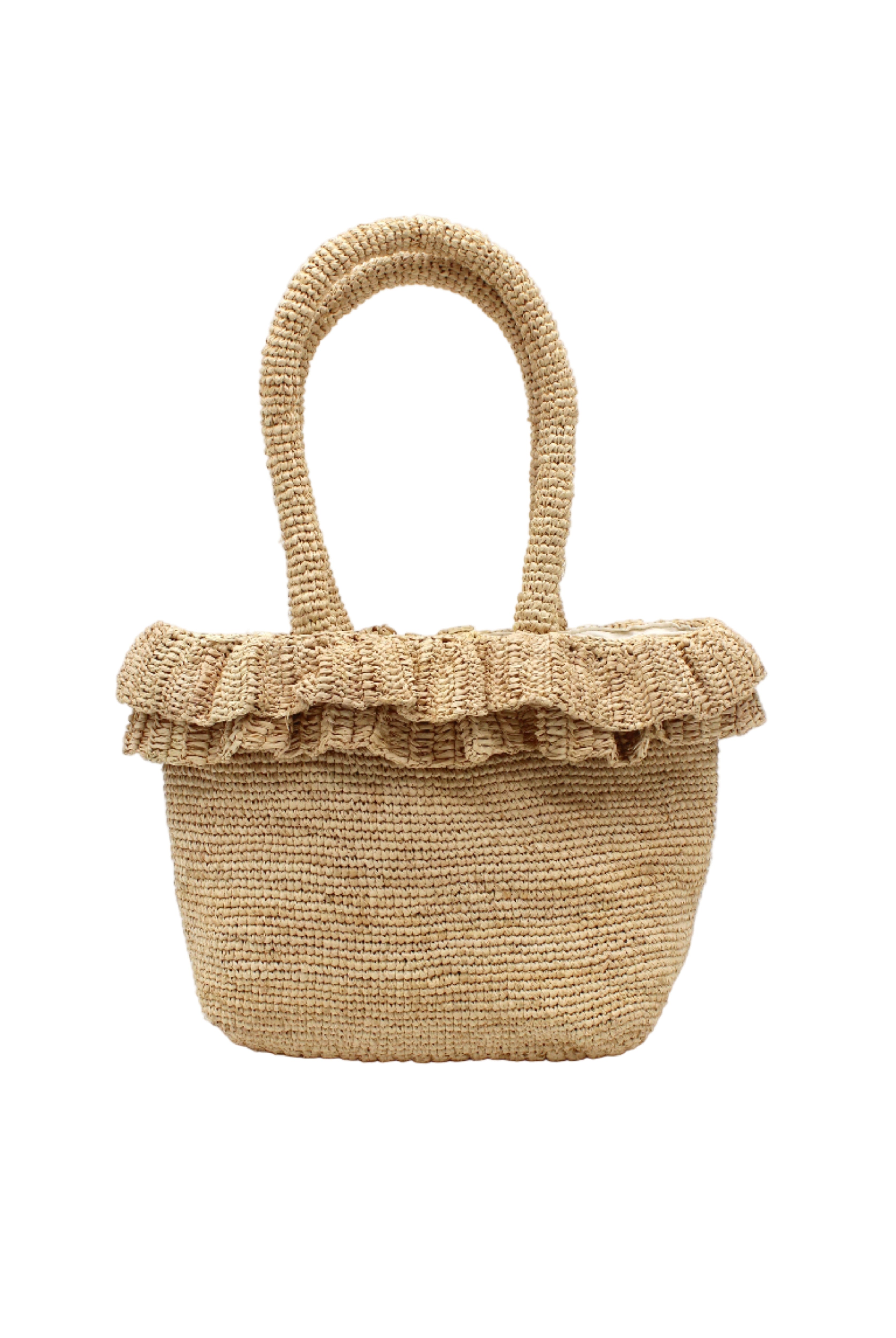 Kiri Ruffle Crochet Straw Basket Handbag handmade crochet natural raffia palm fiber in a solid hue of natural straw color in subtle link texture with sweet double ruffle embellishment around the top of the bag and matching crochet handles beach bag shoulder bag - Shebobo