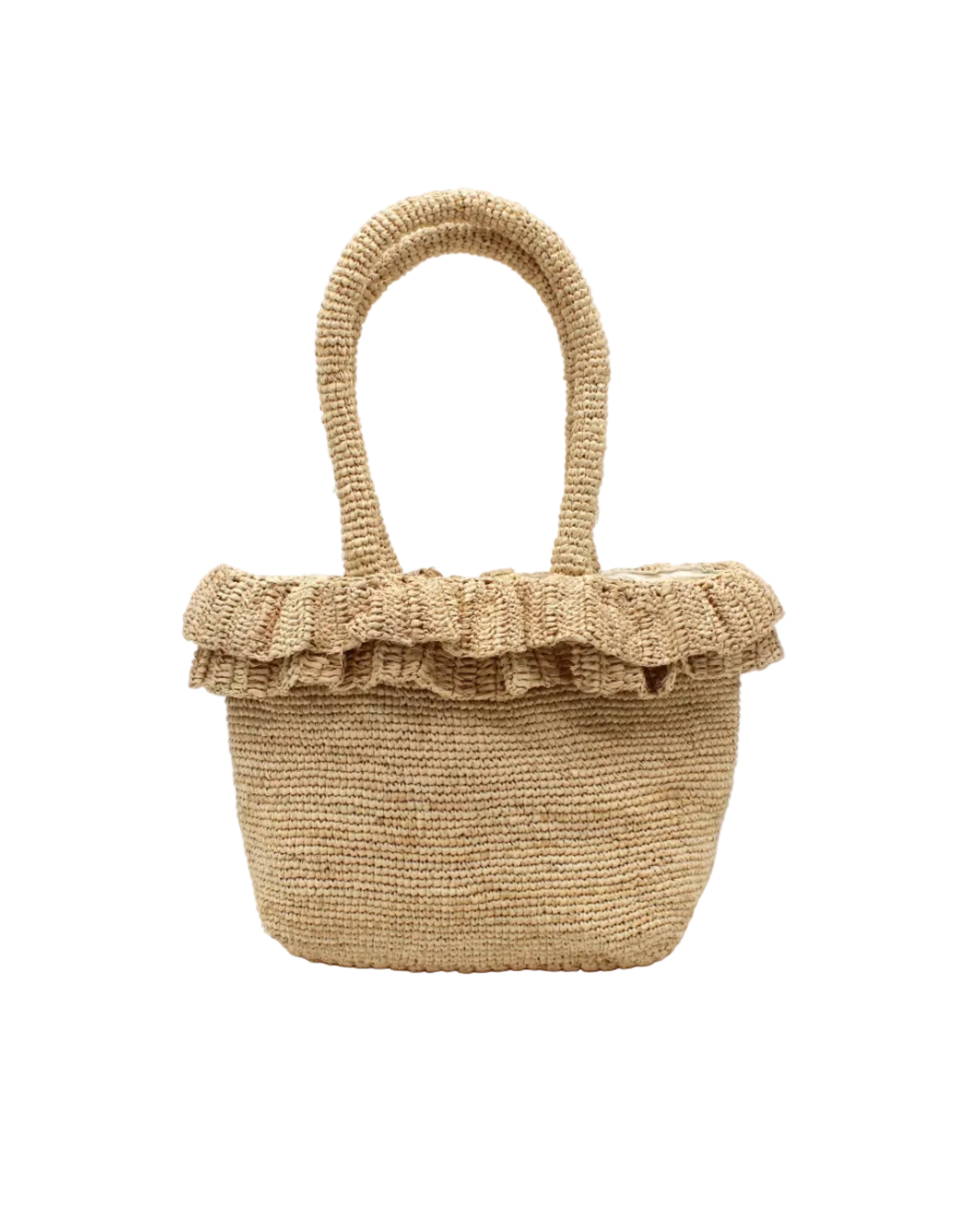 Kiri Ruffle Crochet Straw Basket Handbag handmade crochet natural raffia palm fiber in a solid hue of natural straw color in subtle link texture with sweet double ruffle embellishment around the top of the bag and matching crochet handles beach bag shoulder bag - Shebobo