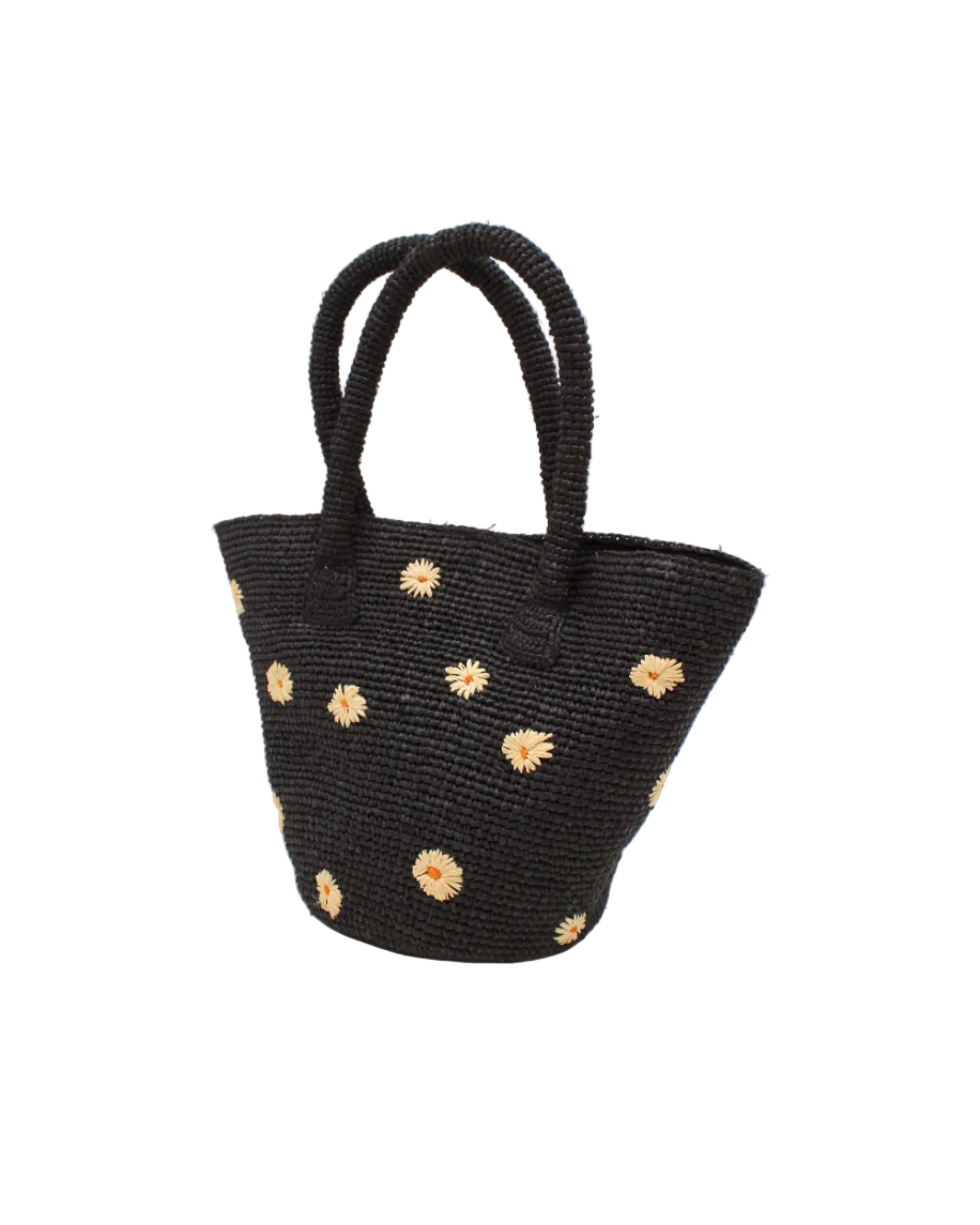 Side view Kirra Daisy Flowers Crochet Straw Basket Handbag handmade crochet raffia palm fiber in a solid hue of black with embroidered round natural straw color petals and saffron yellow/orange inner dot flower pattern purse with matching crochet handles beach bag purse tote - Shebobo