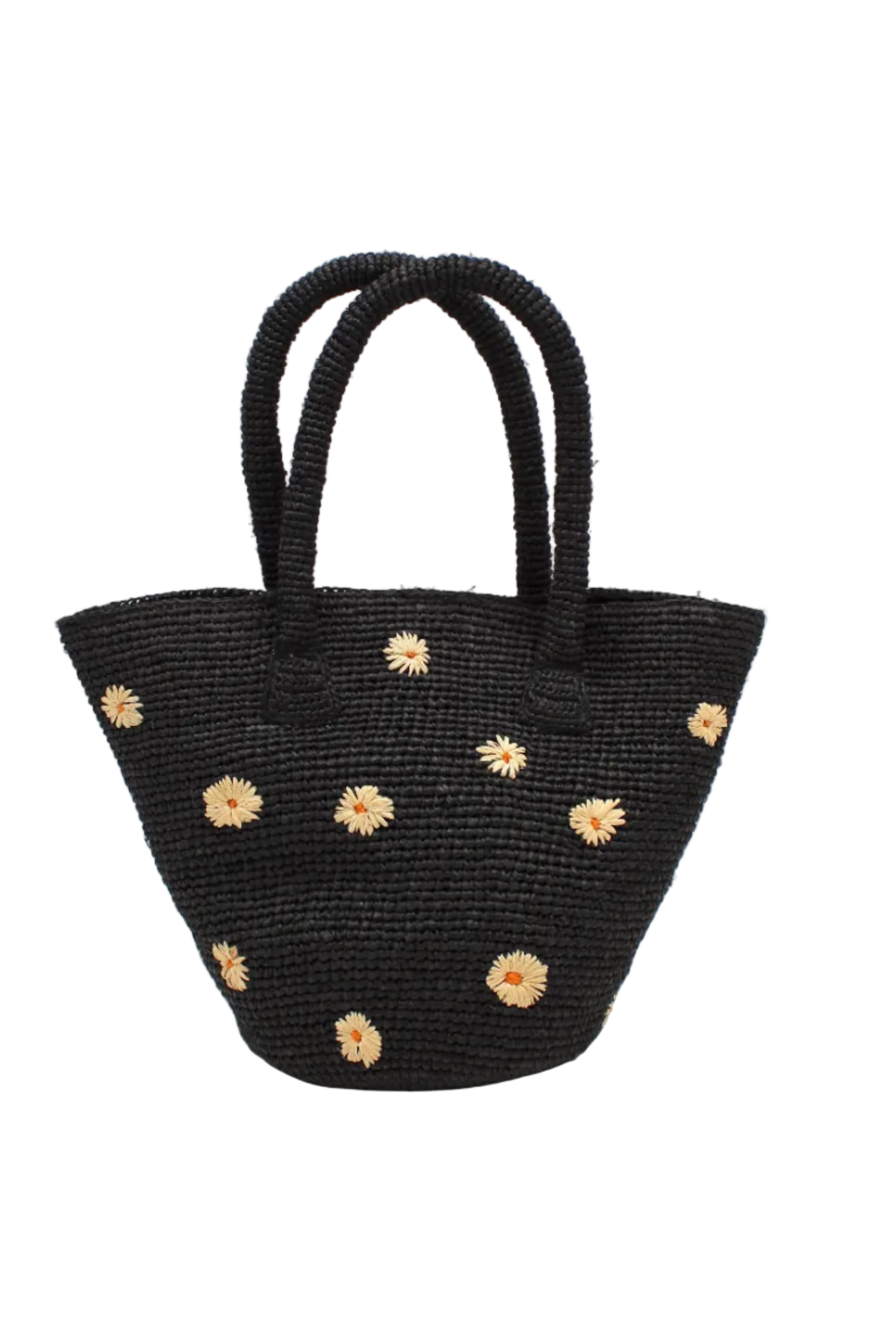 Kirra Daisy Flowers Crochet Straw Basket Handbag handmade crochet raffia palm fiber in a solid hue of black with embroidered round natural straw color petals and saffron yellow/orange inner dot flower pattern purse with matching crochet handles beach bag purse tote - Shebobo