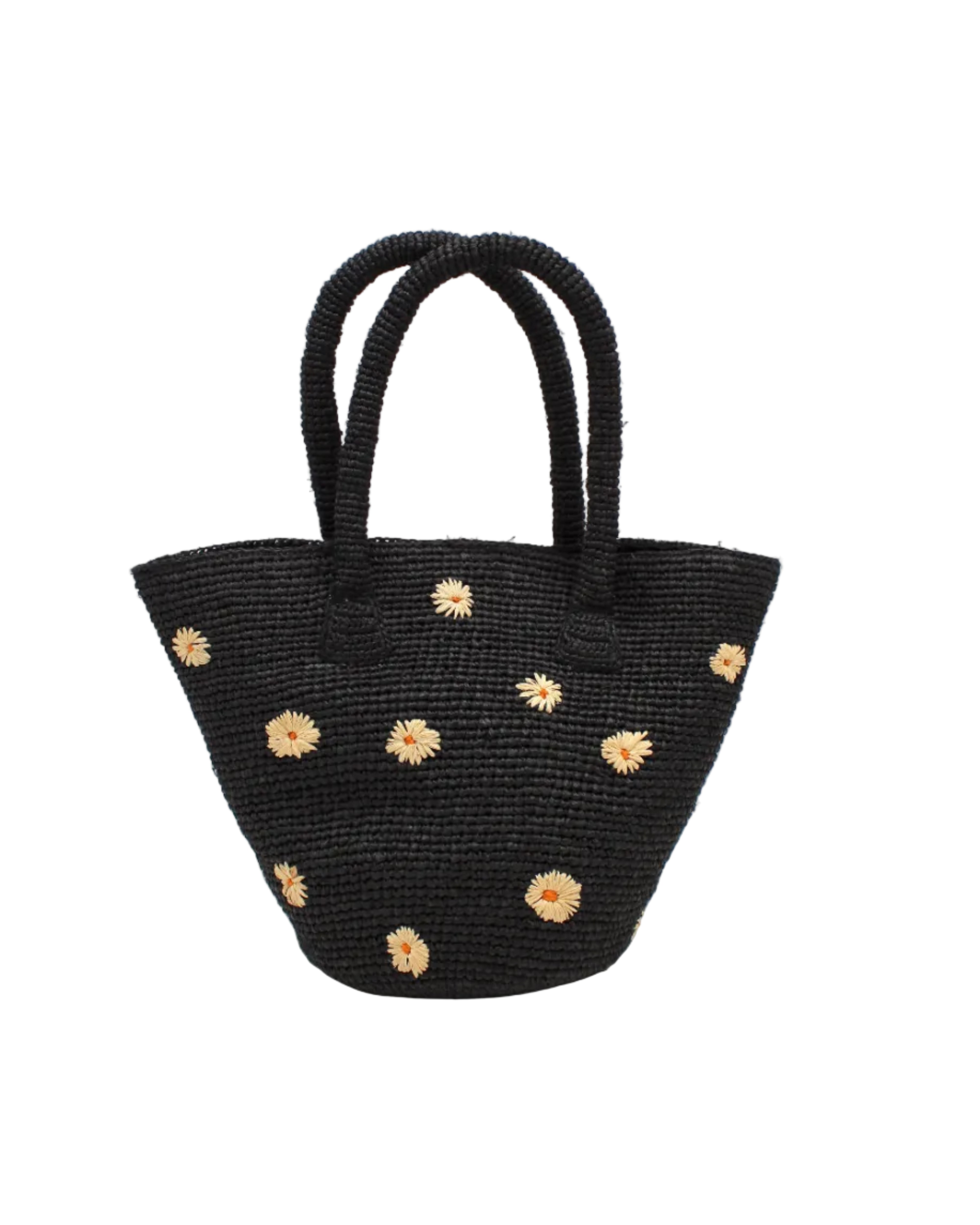 Kirra Daisy Flowers Crochet Straw Basket Handbag handmade crochet raffia palm fiber in a solid hue of black with embroidered round natural straw color petals and saffron yellow/orange inner dot flower pattern purse with matching crochet handles beach bag purse tote - Shebobo