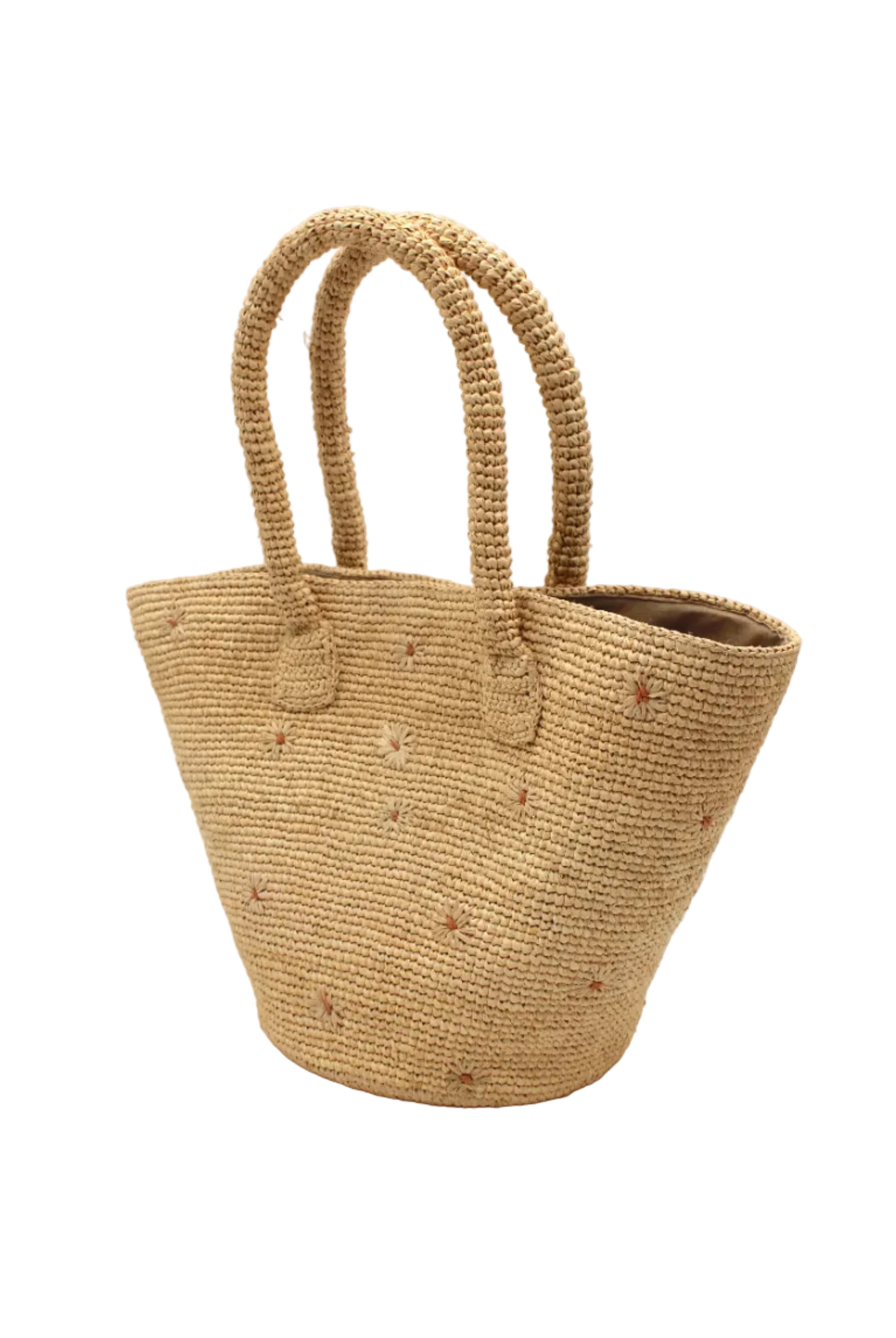 Side view Kirra Daisy Flowers Crochet Straw Basket Handbag handmade crochet raffia palm fiber in a solid hue of natural straw color with embroidered round natural straw color petals and blush pink/orange inner dot flower pattern purse with matching crochet handles beach bag purse tote - Shebobo