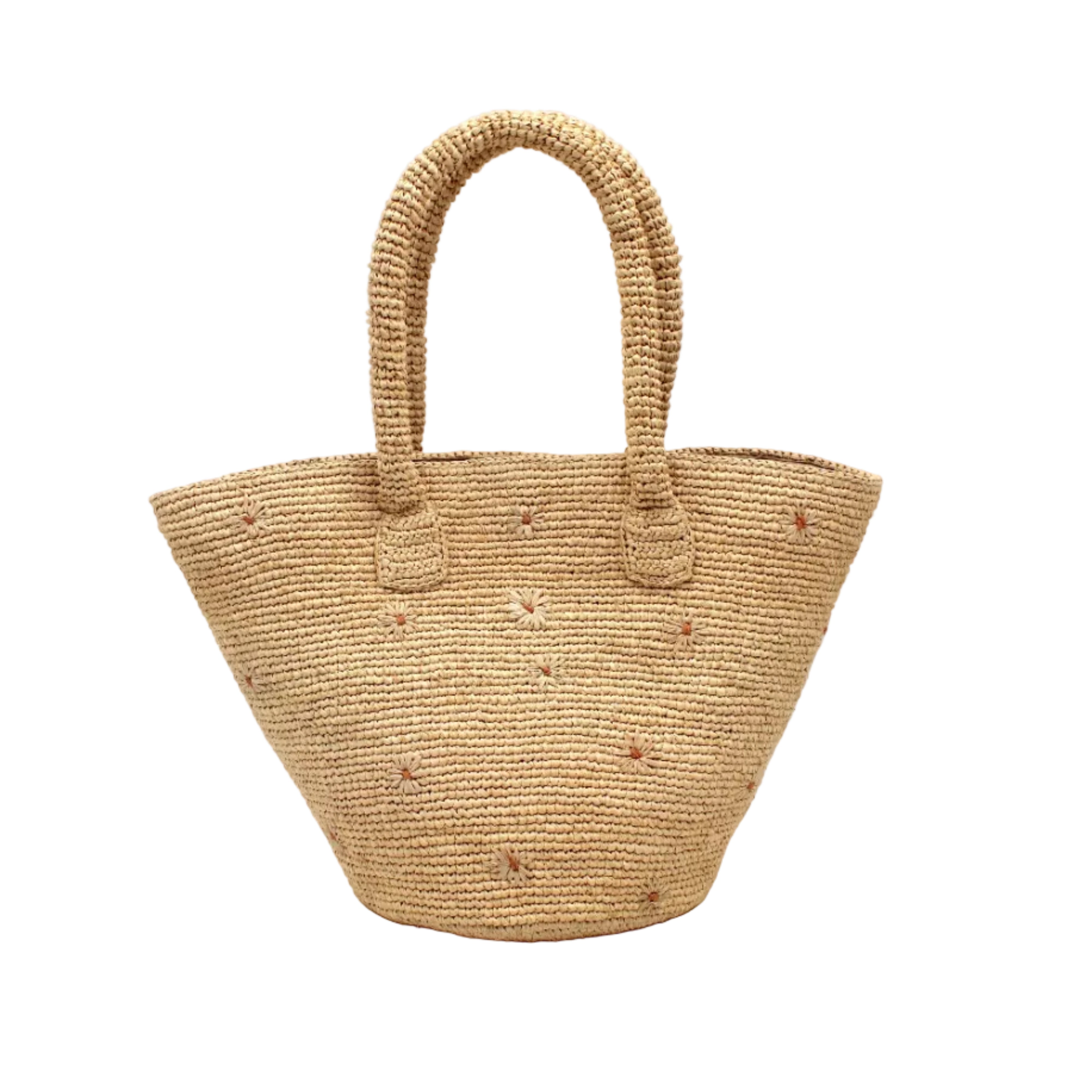 Kirra Daisy Flowers Crochet Straw Basket Handbag handmade crochet raffia palm fiber in a solid hue of natural straw color with embroidered round natural straw color petals and blush pink/orange inner dot flower pattern purse with matching crochet handles beach bag purse tote - Shebobo