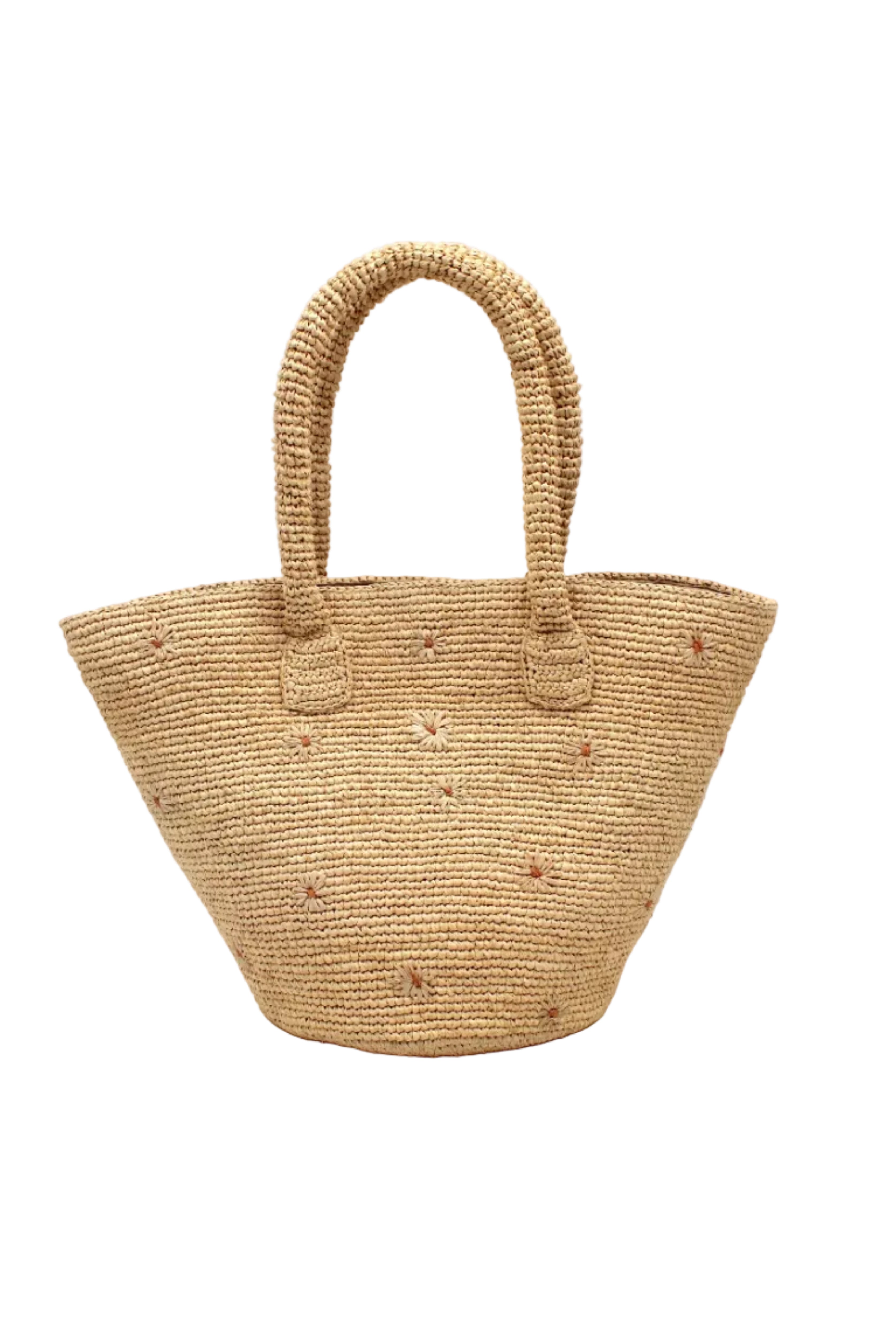 Kirra Daisy Flowers Crochet Straw Basket Handbag handmade crochet raffia palm fiber in a solid hue of natural straw color with embroidered round natural straw color petals and blush pink/orange inner dot flower pattern purse with matching crochet handles beach bag purse tote - Shebobo