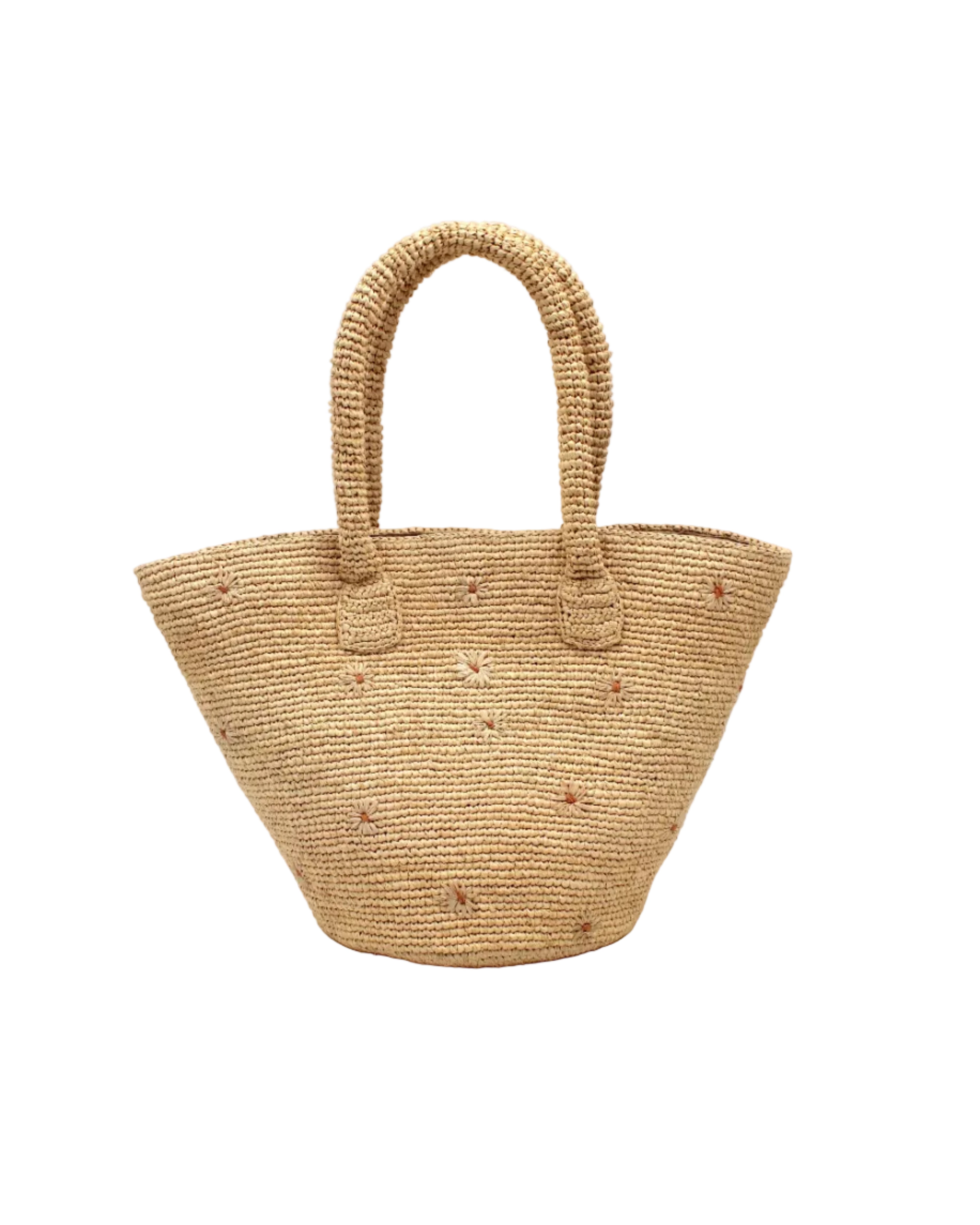 Kirra Daisy Flowers Crochet Straw Basket Handbag handmade crochet raffia palm fiber in a solid hue of natural straw color with embroidered round natural straw color petals and blush pink/orange inner dot flower pattern purse with matching crochet handles beach bag purse tote - Shebobo