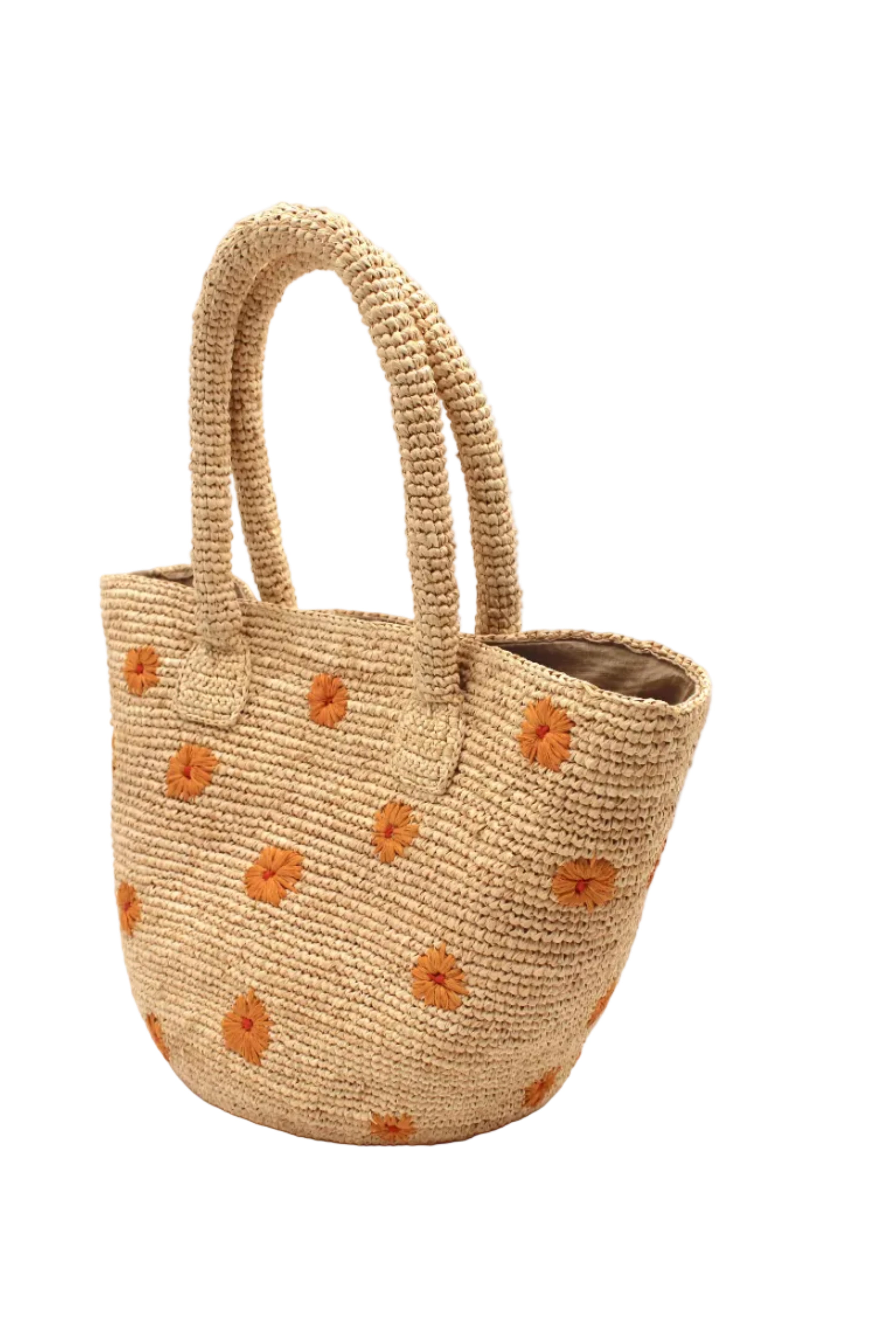 Side view Kirra Daisy Flowers Crochet Straw Basket Handbag handmade crochet raffia palm fiber in a solid hue of natural straw color with embroidered round saffron yellow/orange petals and coral orange/red inner dot flower pattern purse with matching crochet handles beach bag purse tote - Shebobo