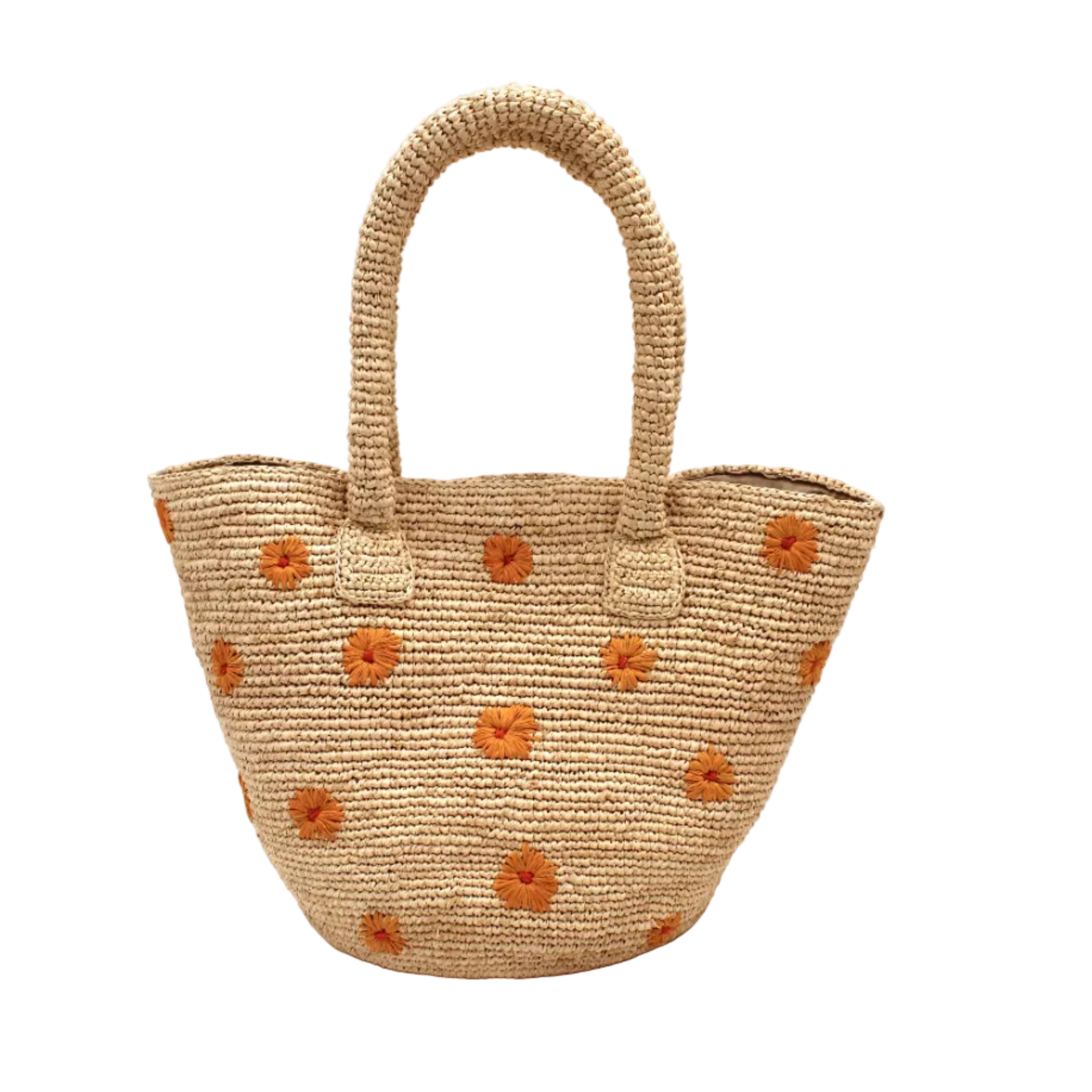 Kirra Daisy Flowers Crochet Straw Basket Handbag handmade crochet raffia palm fiber in a solid hue of natural straw color with embroidered round saffron yellow/orange petals and coral orange/red inner dot flower pattern purse with matching crochet handles beach bag purse tote - Shebobo