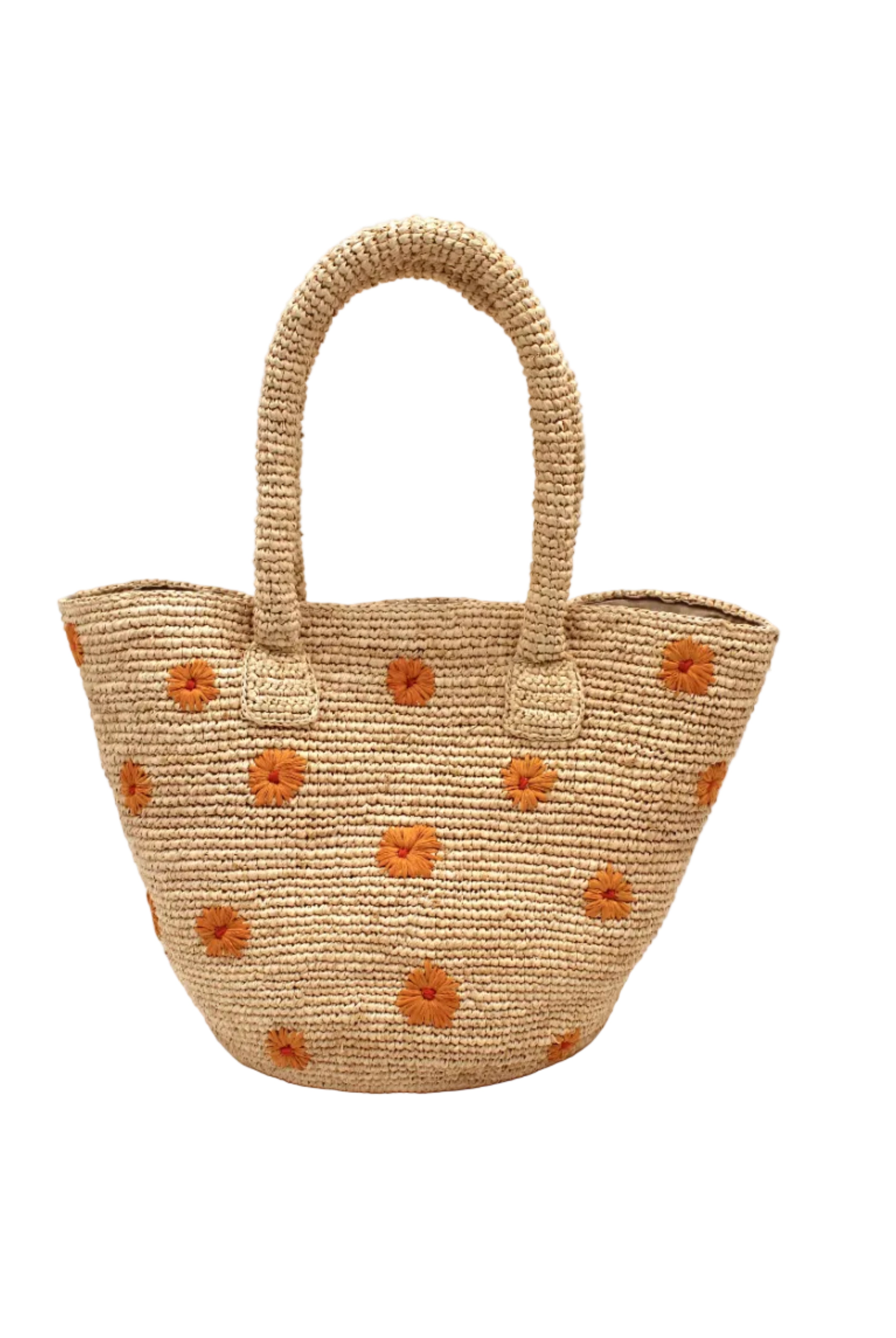 Kirra Daisy Flowers Crochet Straw Basket Handbag handmade crochet raffia palm fiber in a solid hue of natural straw color with embroidered round saffron yellow/orange petals and coral orange/red inner dot flower pattern purse with matching crochet handles beach bag purse tote - Shebobo
