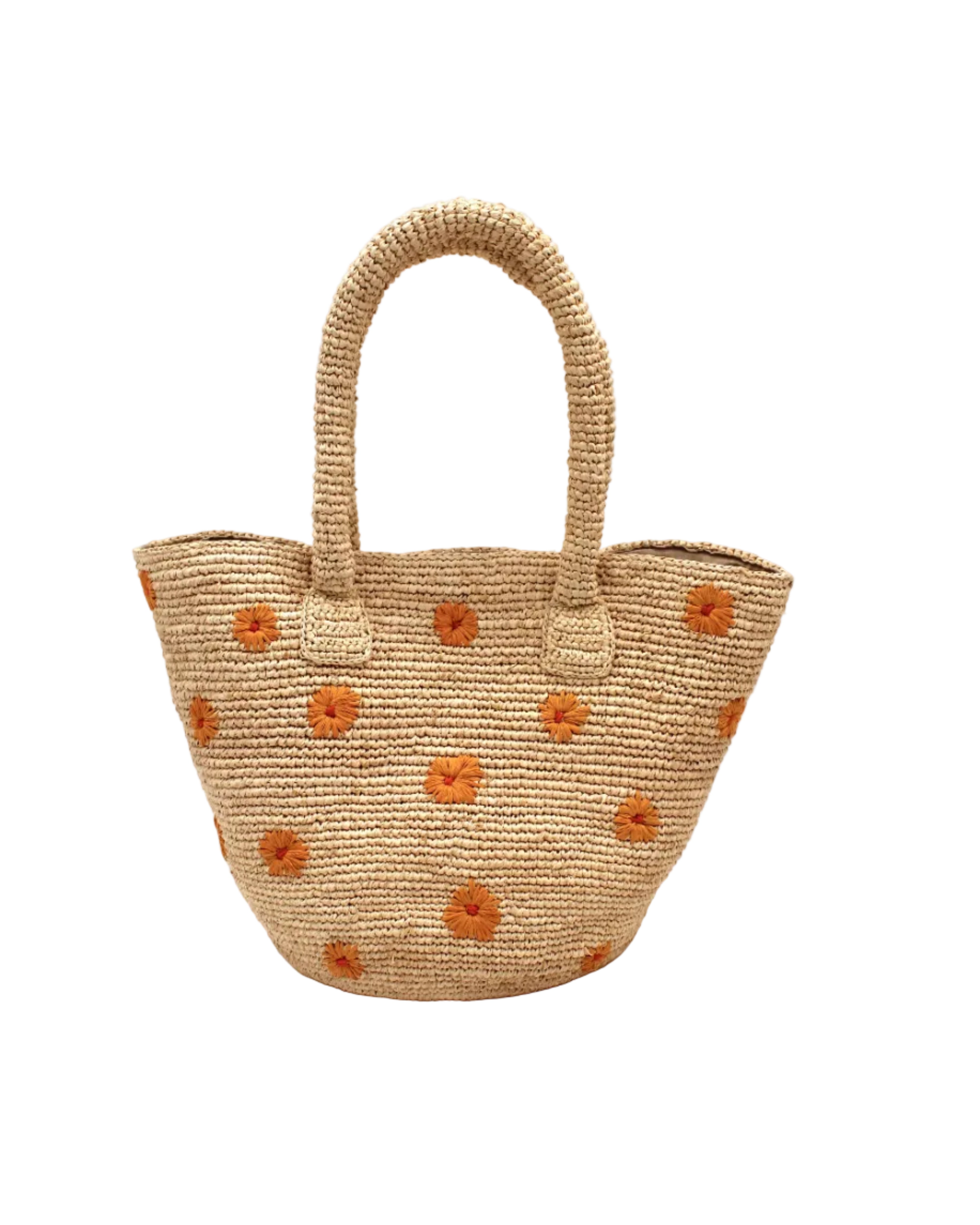 Kirra Daisy Flowers Crochet Straw Basket Handbag handmade crochet raffia palm fiber in a solid hue of natural straw color with embroidered round saffron yellow/orange petals and coral orange/red inner dot flower pattern purse with matching crochet handles beach bag purse tote - Shebobo
