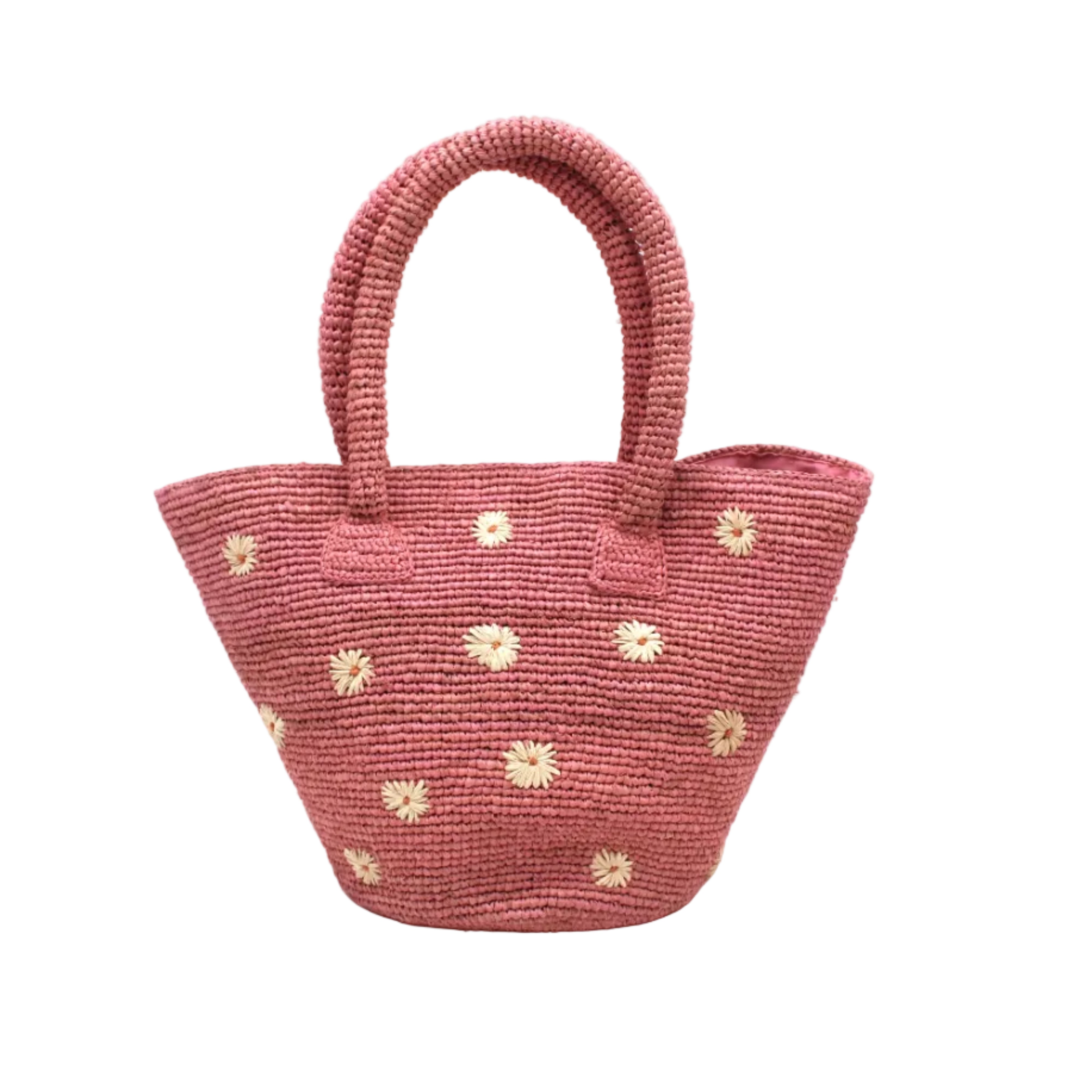 Kirra Daisy Flowers Crochet Straw Basket Handbag handmade crochet raffia palm fiber in a solid hue of light pink with embroidered round natural straw color petals and blush pink/orange inner dot flower pattern purse with matching crochet handles beach bag purse tote - Shebobo