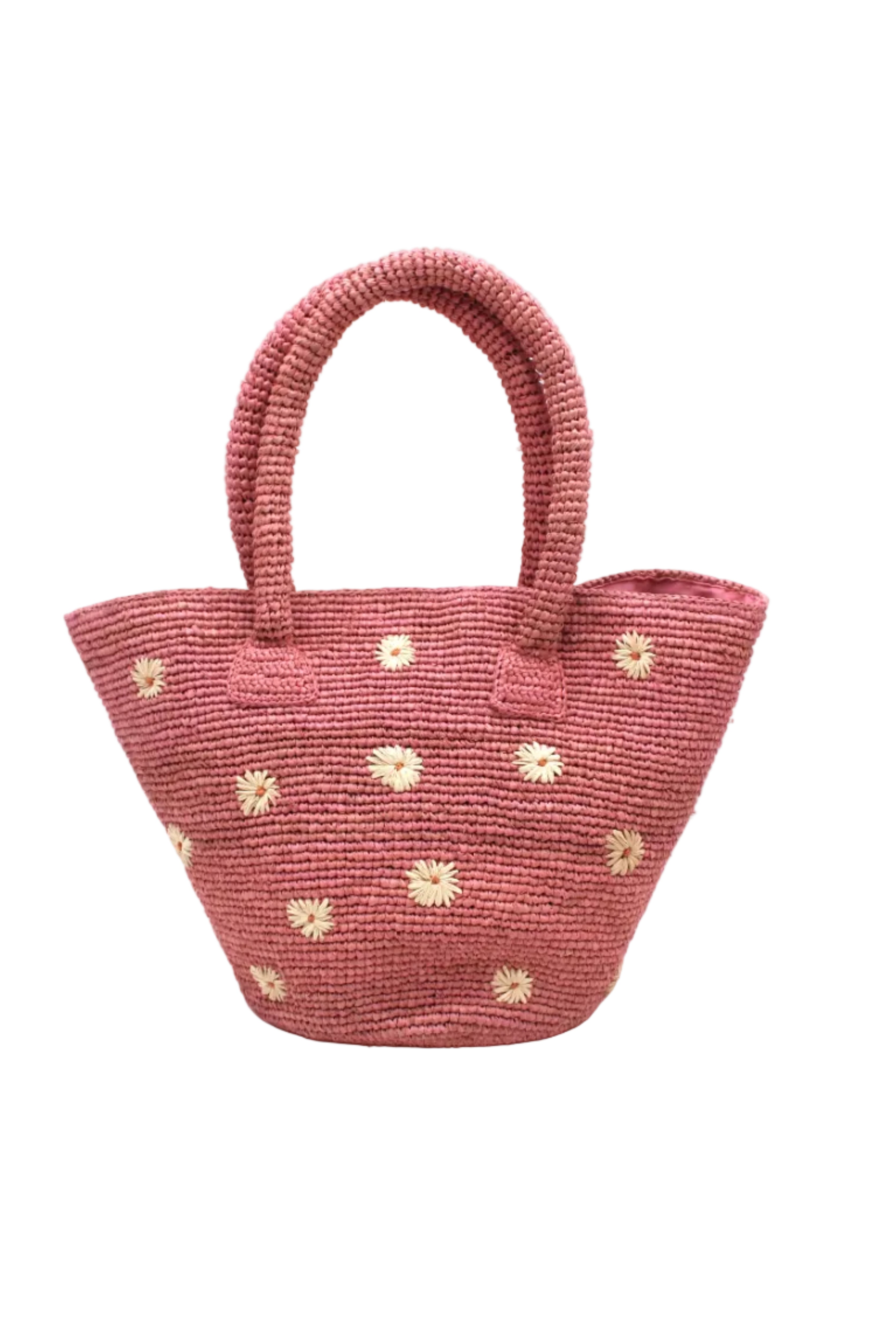 Kirra Daisy Flowers Crochet Straw Basket Handbag handmade crochet raffia palm fiber in a solid hue of light pink with embroidered round natural straw color petals and blush pink/orange inner dot flower pattern purse with matching crochet handles beach bag purse tote - Shebobo