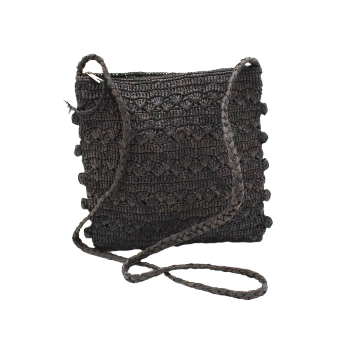 Kristen Crochet Straw Crossbody Bag with Nub Edge handmade crochet natural raffia palm fiber in a solid hue of black with two textures of fans and links that create a horizontal stripe pattern across the bag with braided shoulder strap and crochet nub edging along the vertical sides of the purse - Shebobo