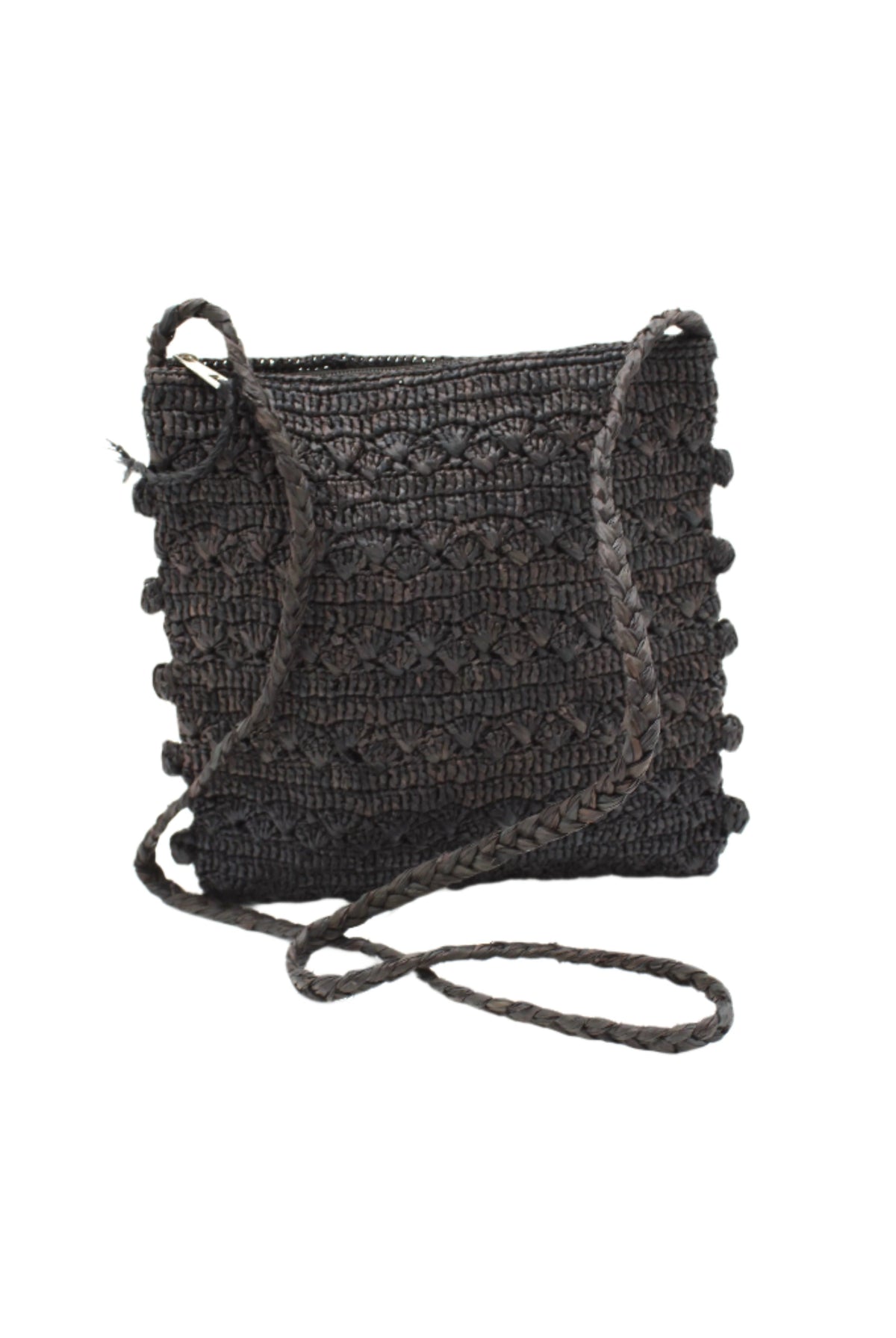 Kristen Crochet Straw Crossbody Bag with Nub Edge handmade crochet natural raffia palm fiber in a solid hue of black with two textures of fans and links that create a horizontal stripe pattern across the bag with braided shoulder strap and crochet nub edging along the vertical sides of the purse - Shebobo