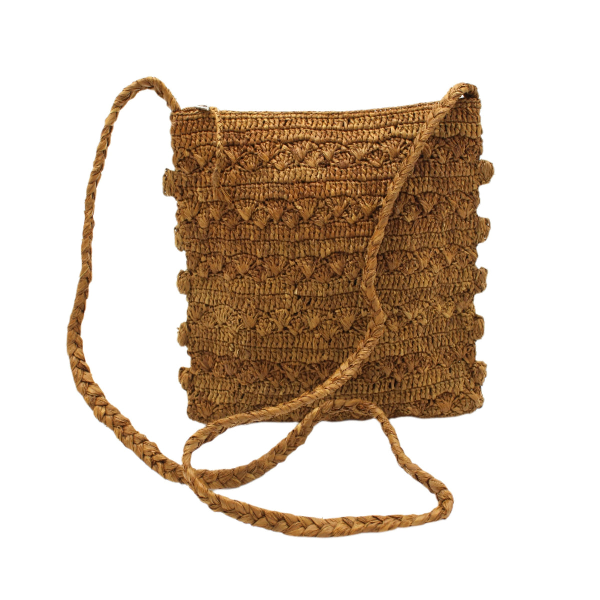 Kristen Crochet Straw Crossbody Bag with Nub Edge handmade crochet natural raffia palm fiber in a solid hue of cinnamon/tobacco/brown with two textures of fans and links that create a horizontal stripe pattern across the bag with braided shoulder strap and crochet nub edging along the vertical sides of the purse - Shebobo