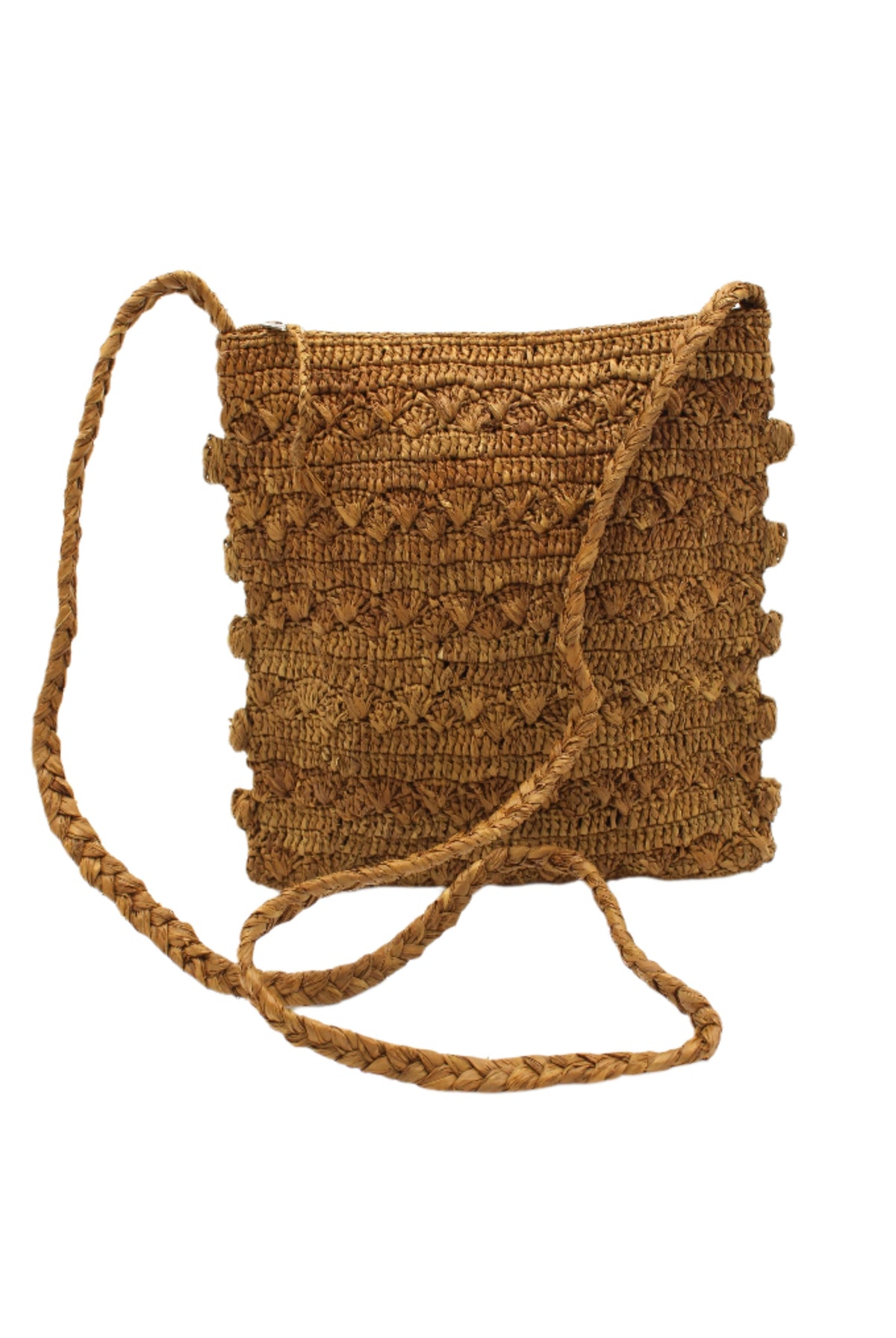 Kristen Crochet Straw Crossbody Bag with Nub Edge handmade crochet natural raffia palm fiber in a solid hue of cinnamon/tobacco/brown with two textures of fans and links that create a horizontal stripe pattern across the bag with braided shoulder strap and crochet nub edging along the vertical sides of the purse - Shebobo
