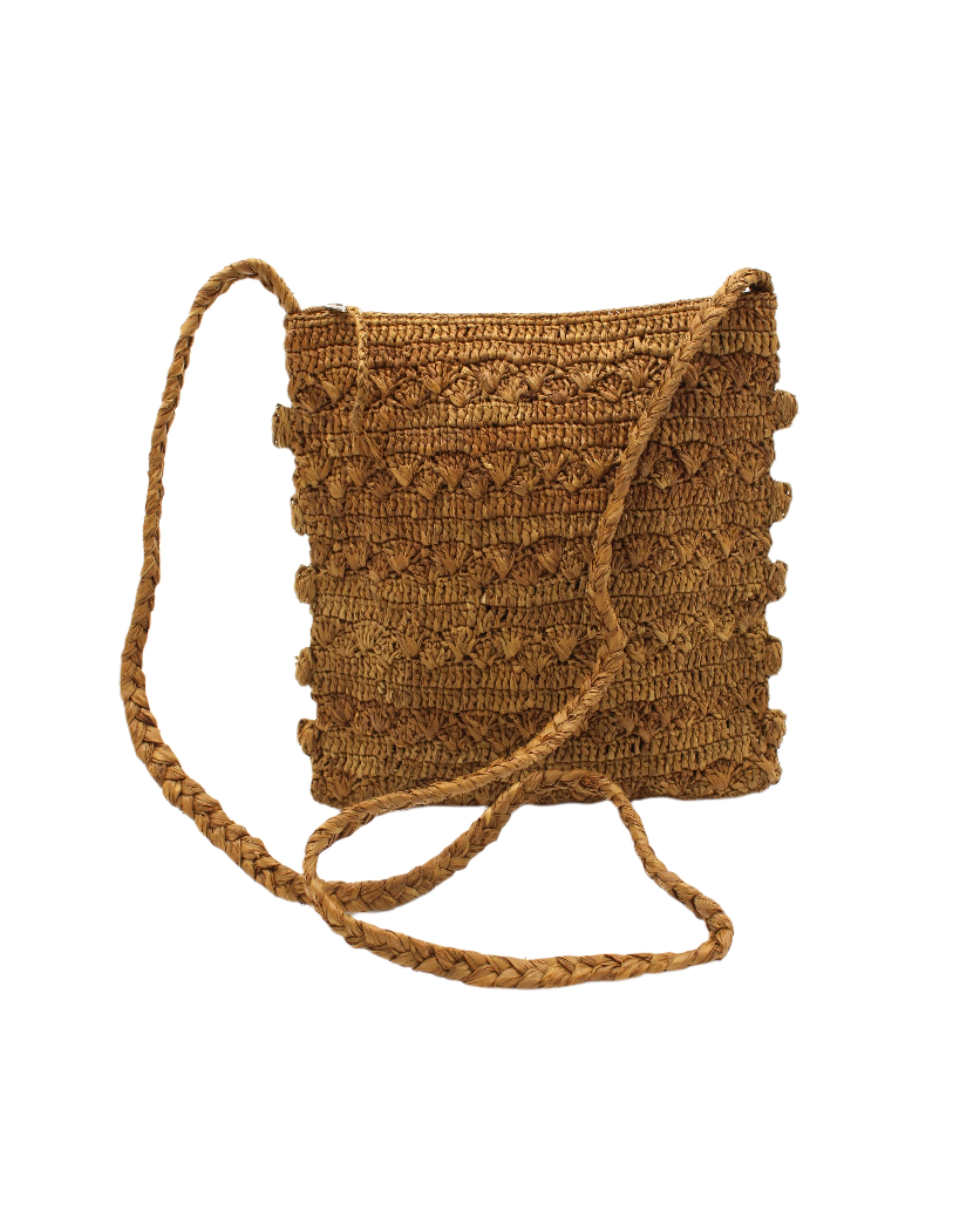 Kristen Crochet Straw Crossbody Bag with Nub Edge handmade crochet natural raffia palm fiber in a solid hue of cinnamon/tobacco/brown with two textures of fans and links that create a horizontal stripe pattern across the bag with braided shoulder strap and crochet nub edging along the vertical sides of the purse - Shebobo