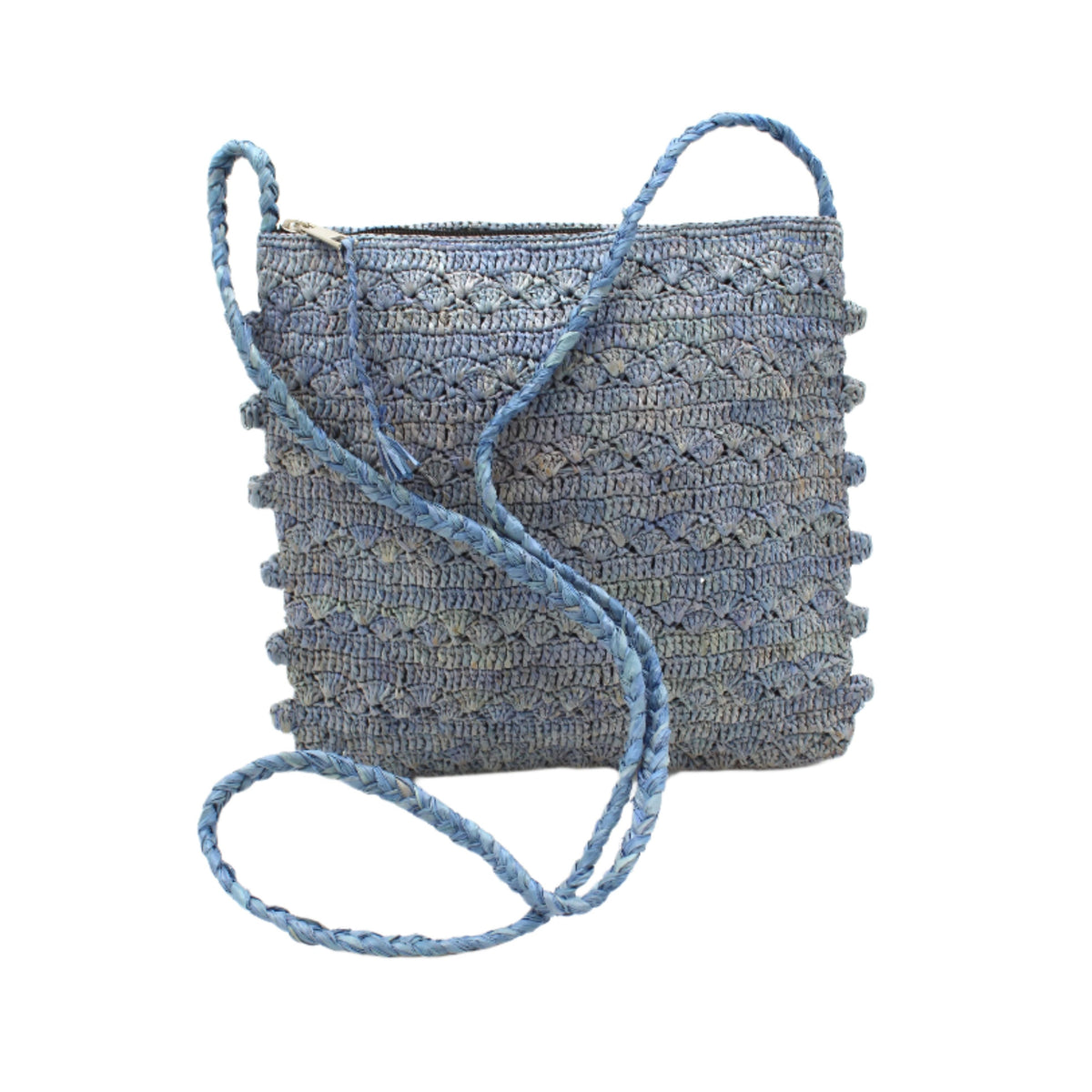 Kristen Crochet Straw Crossbody Bag with Nub Edge handmade crochet natural raffia palm fiber in a solid hue of denim retro/light/blue with two textures of fans and links that create a horizontal stripe pattern across the bag with braided shoulder strap and crochet nub edging along the vertical sides of the purse - Shebobo