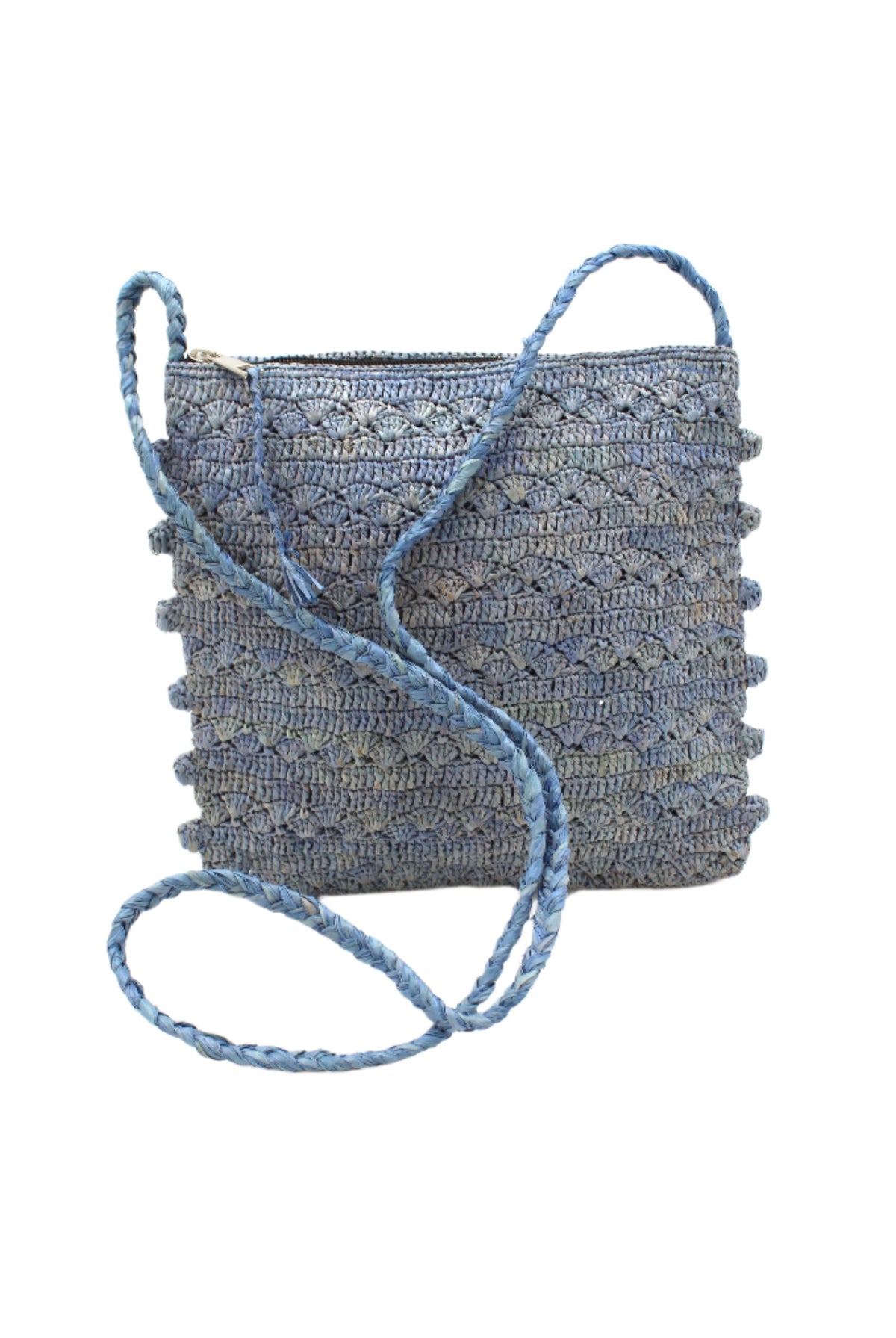 Kristen Crochet Straw Crossbody Bag with Nub Edge handmade crochet natural raffia palm fiber in a solid hue of denim retro/light/blue with two textures of fans and links that create a horizontal stripe pattern across the bag with braided shoulder strap and crochet nub edging along the vertical sides of the purse - Shebobo