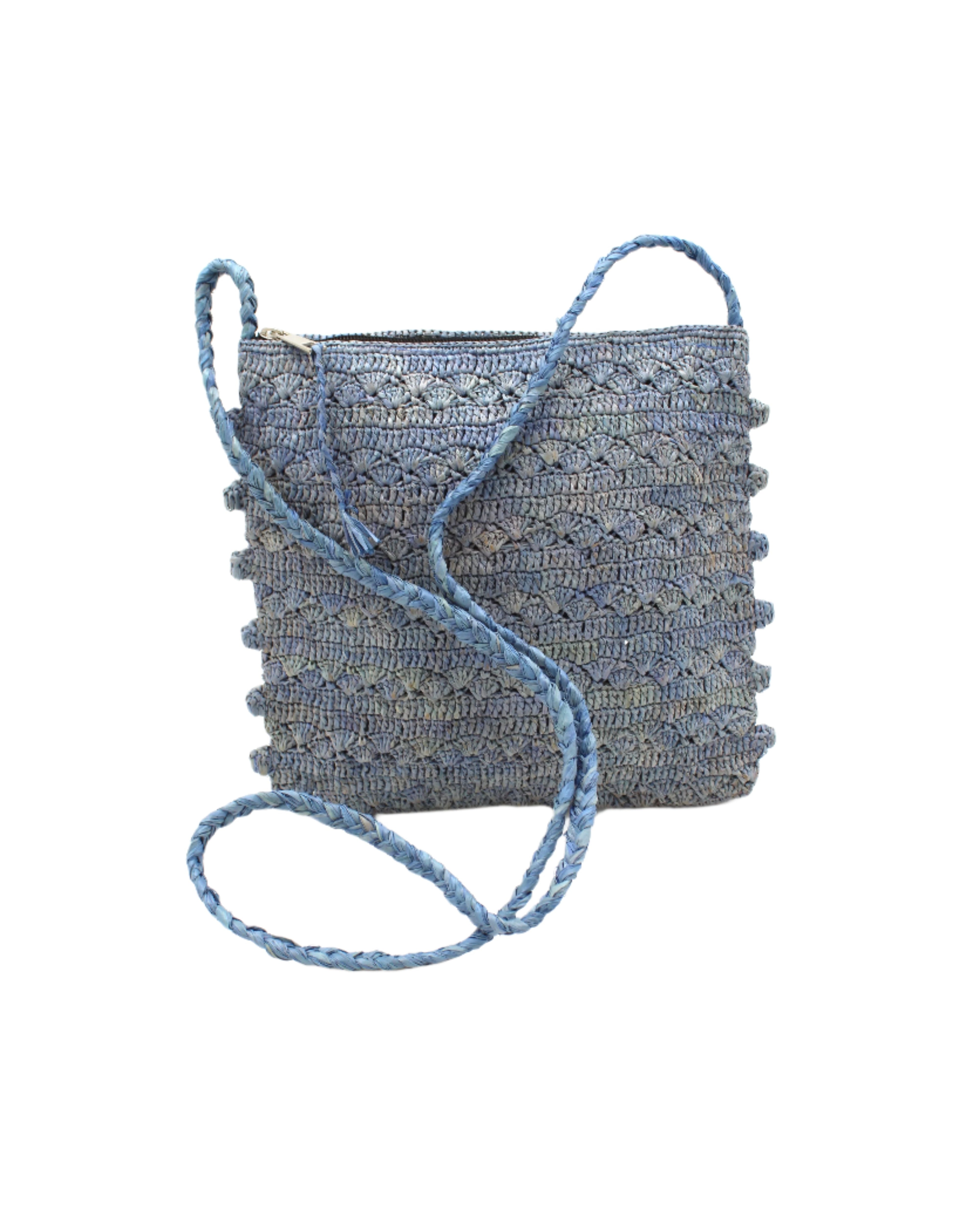 Kristen Crochet Straw Crossbody Bag with Nub Edge handmade crochet natural raffia palm fiber in a solid hue of denim retro/light/blue with two textures of fans and links that create a horizontal stripe pattern across the bag with braided shoulder strap and crochet nub edging along the vertical sides of the purse - Shebobo