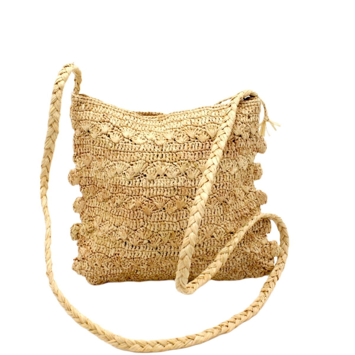 Kristen Crochet Straw Crossbody Bag with Nub Edge handmade crochet natural raffia palm fiber in a solid hue of natural straw color with two textures of fans and links that create a horizontal stripe pattern across the bag with braided shoulder strap and crochet nub edging along the vertical sides of the purse - Shebobo