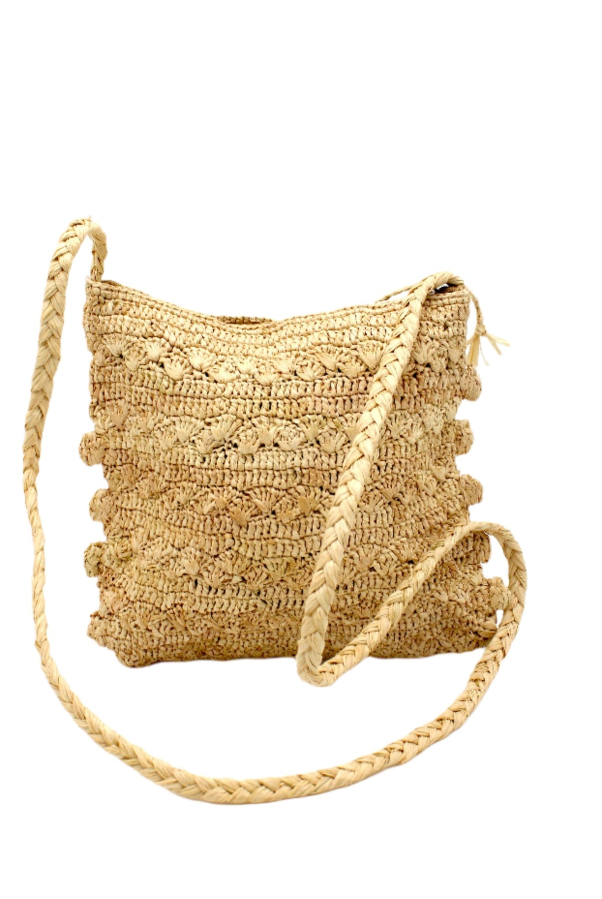 Kristen Crochet Straw Crossbody Bag with Nub Edge handmade crochet natural raffia palm fiber in a solid hue of natural straw color with two textures of fans and links that create a horizontal stripe pattern across the bag with braided shoulder strap and crochet nub edging along the vertical sides of the purse - Shebobo