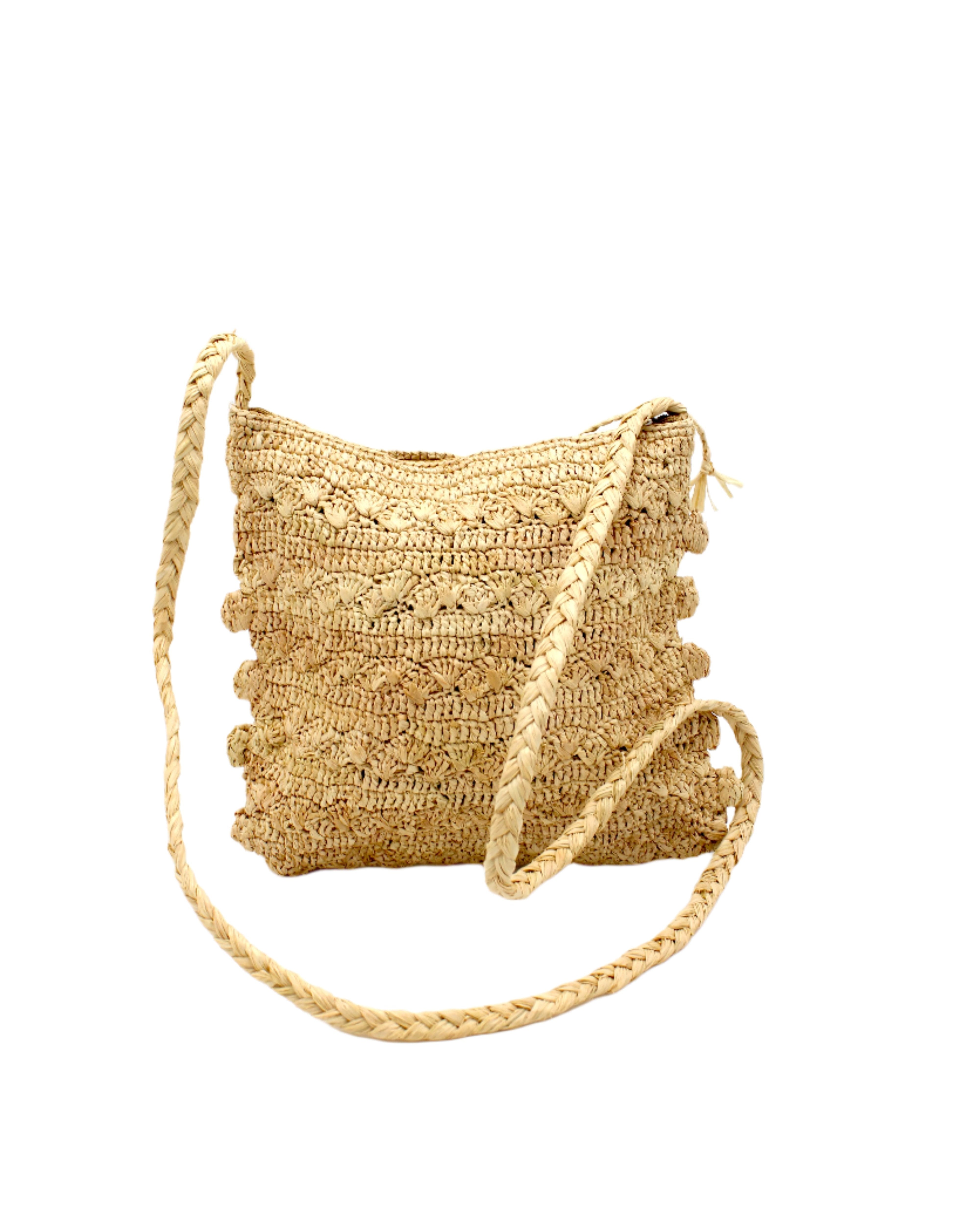 Kristen Crochet Straw Crossbody Bag with Nub Edge handmade crochet natural raffia palm fiber in a solid hue of natural straw color with two textures of fans and links that create a horizontal stripe pattern across the bag with braided shoulder strap and crochet nub edging along the vertical sides of the purse - Shebobo