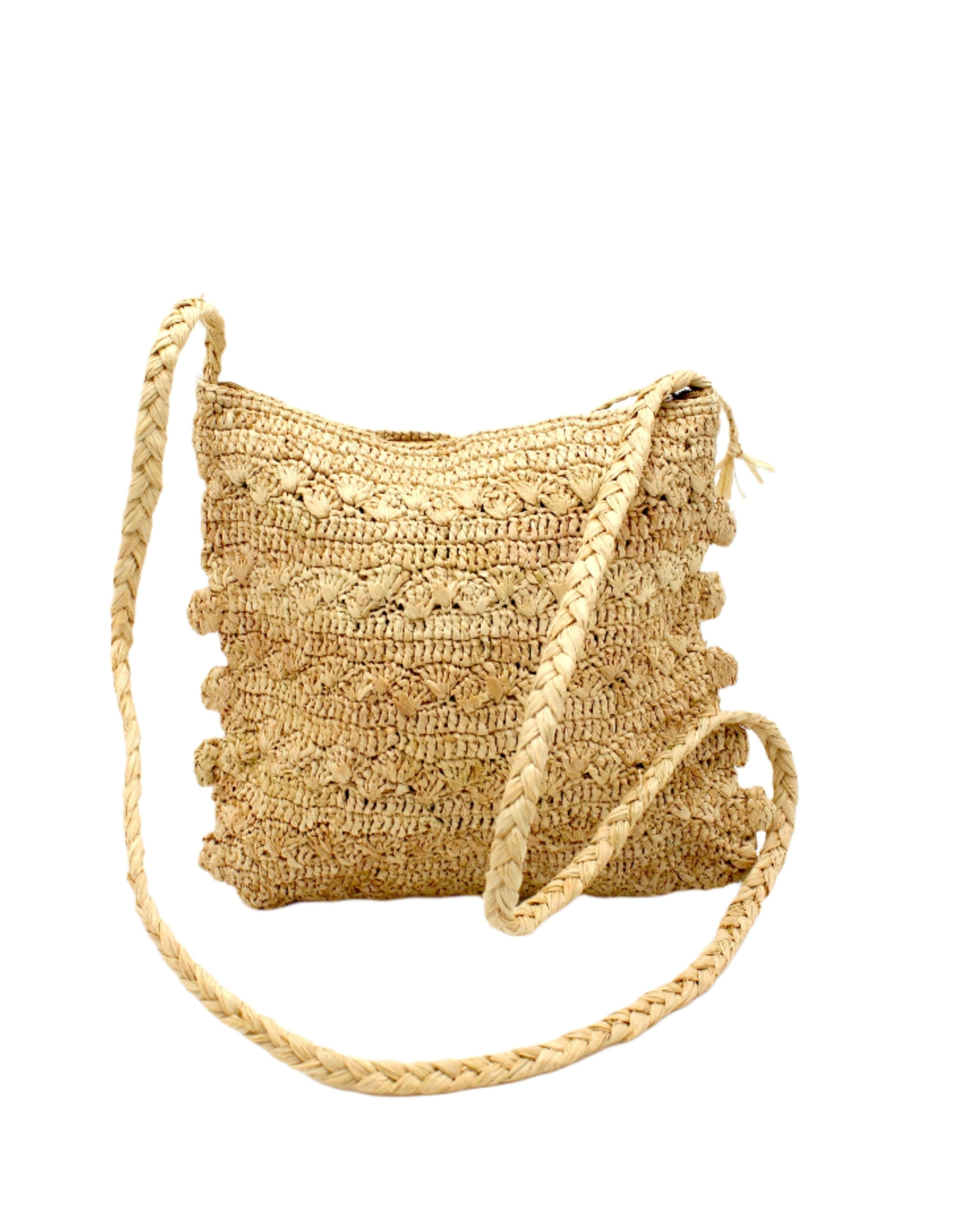 Kristen Crochet Straw Crossbody Bag with Nub Edge handmade crochet natural raffia palm fiber in a solid hue of natural straw color with two textures of fans and links that create a horizontal stripe pattern across the bag with braided shoulder strap and crochet nub edging along the vertical sides of the purse - Shebobo