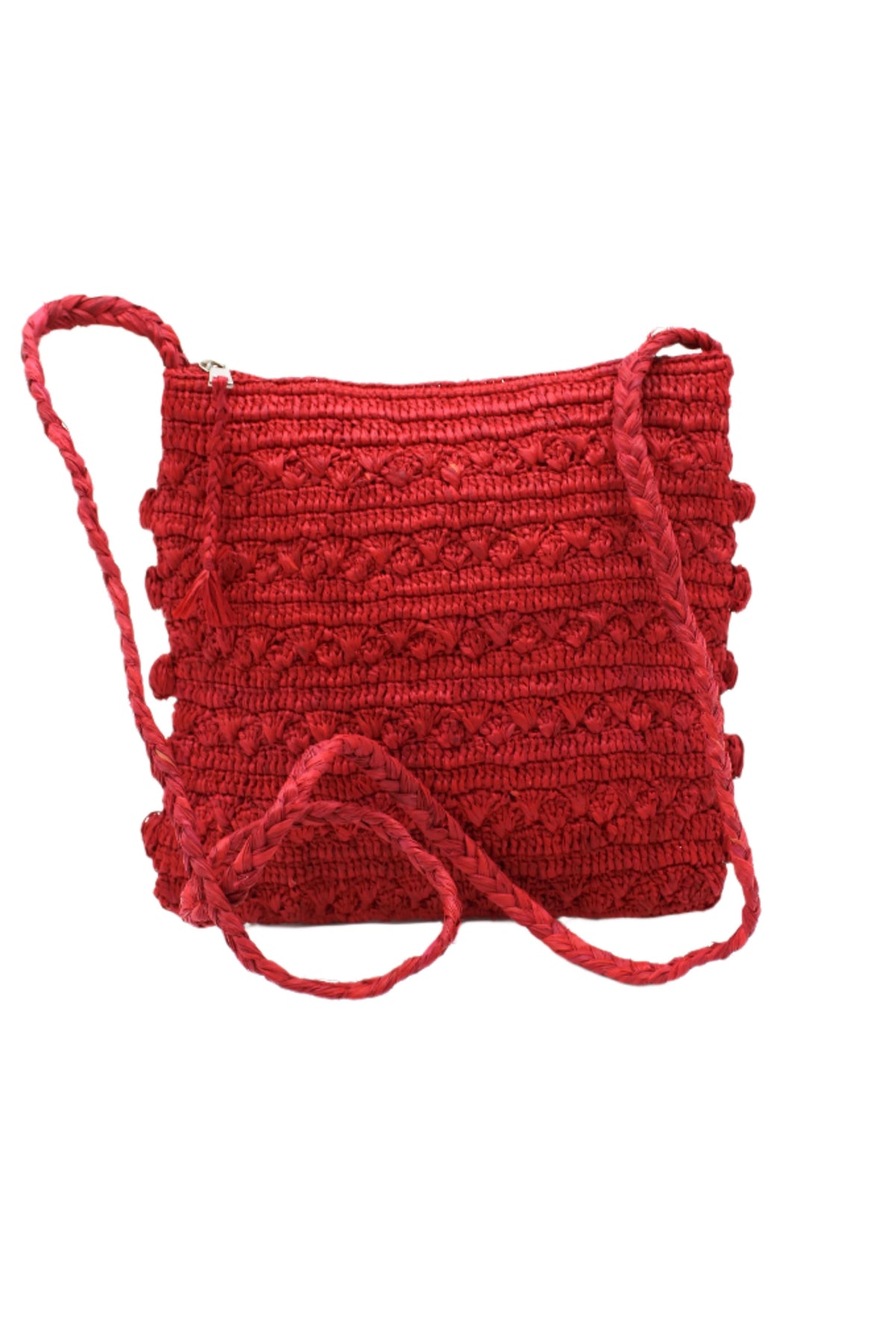 Kristen Crochet Straw Crossbody Bag with Nub Edge handmade crochet natural raffia palm fiber in a solid hue of red with two textures of fans and links that create a horizontal stripe pattern across the bag with braided shoulder strap and crochet nub edging along the vertical sides of the purse - Shebobo