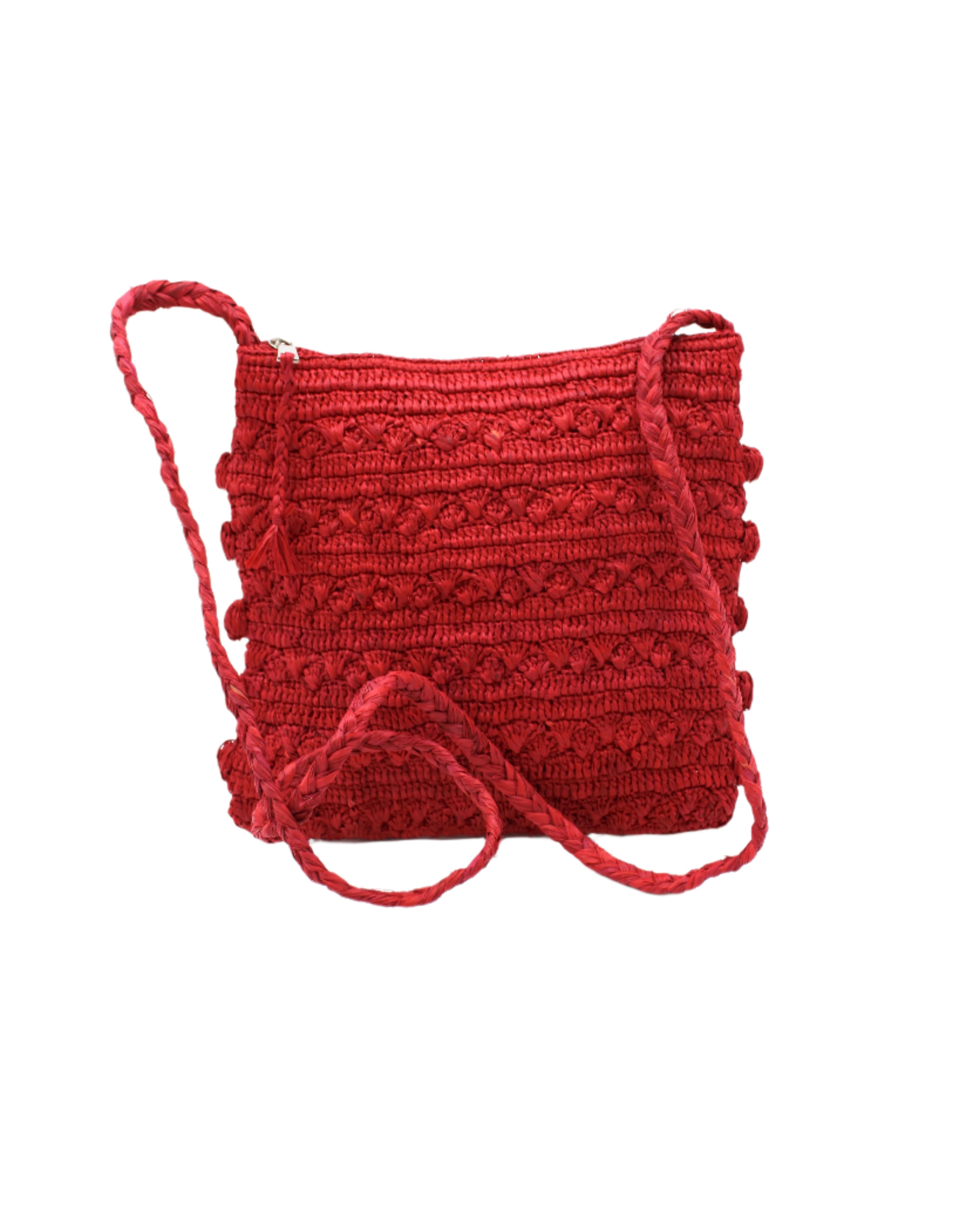 Kristen Crochet Straw Crossbody Bag with Nub Edge handmade crochet natural raffia palm fiber in a solid hue of red with two textures of fans and links that create a horizontal stripe pattern across the bag with braided shoulder strap and crochet nub edging along the vertical sides of the purse - Shebobo