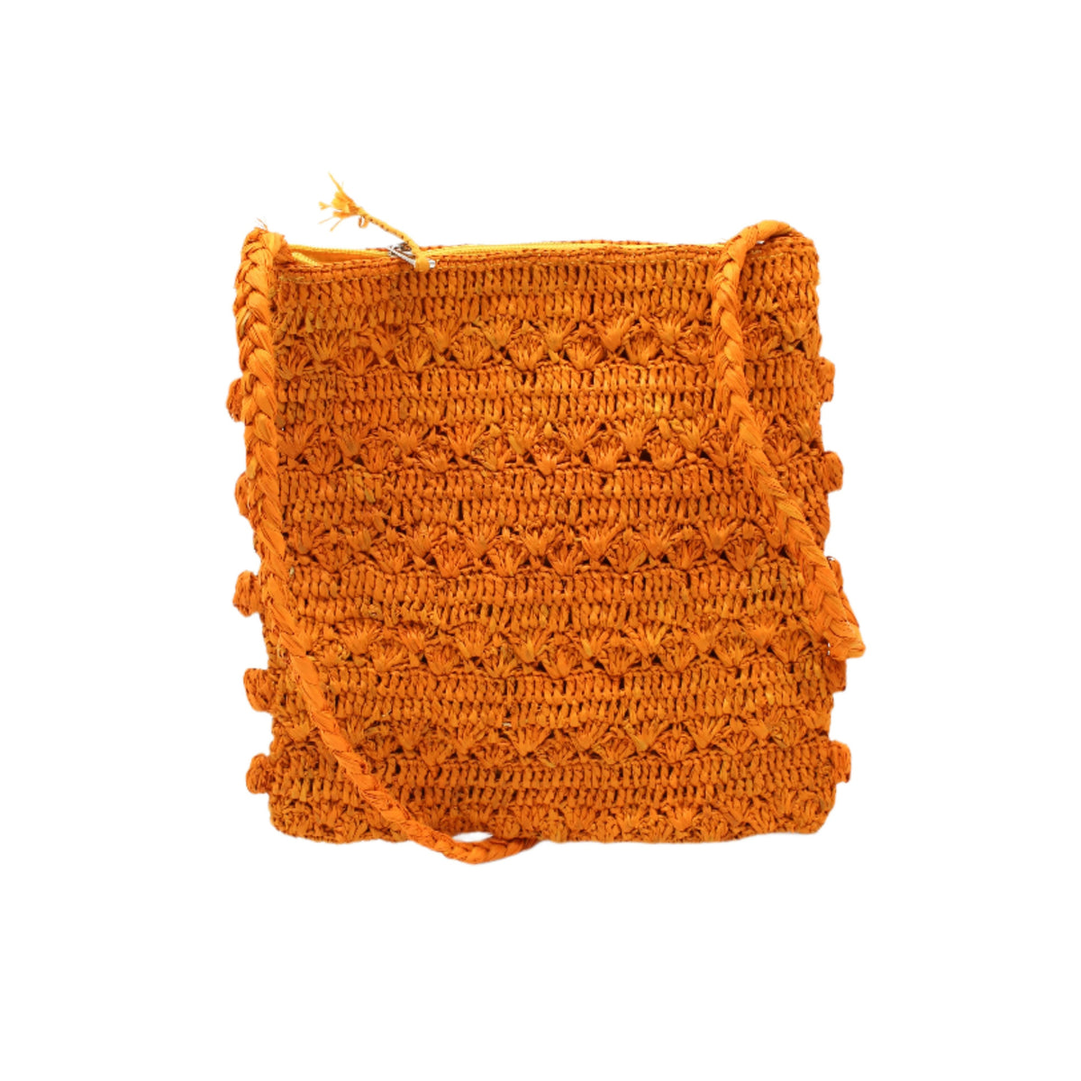 Kristen Crochet Straw Crossbody Bag with Nub Edge handmade crochet natural raffia palm fiber in a solid hue of saffron yellow/orange with two textures of fans and links that create a horizontal stripe pattern across the bag with braided shoulder strap and crochet nub edging along the vertical sides of the purse - Shebobo