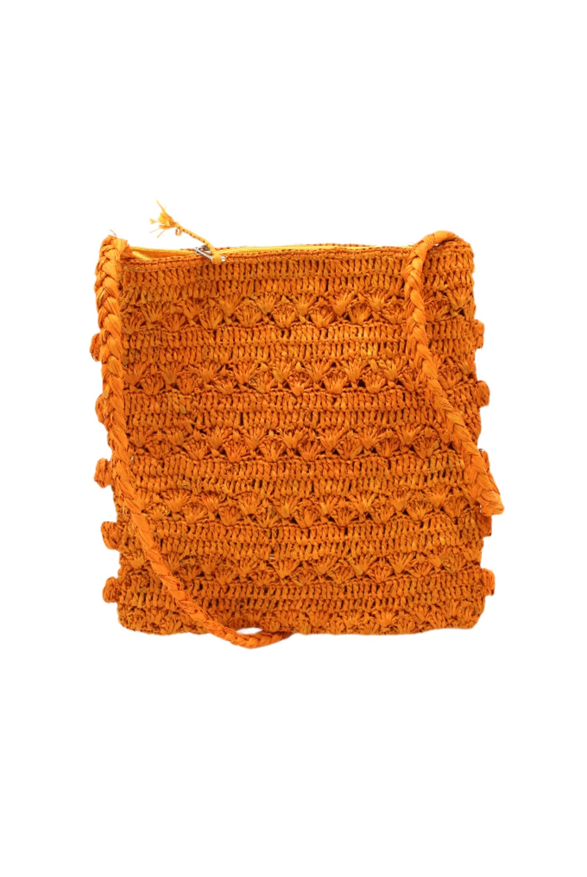 Kristen Crochet Straw Crossbody Bag with Nub Edge handmade crochet natural raffia palm fiber in a solid hue of saffron yellow/orange with two textures of fans and links that create a horizontal stripe pattern across the bag with braided shoulder strap and crochet nub edging along the vertical sides of the purse - Shebobo