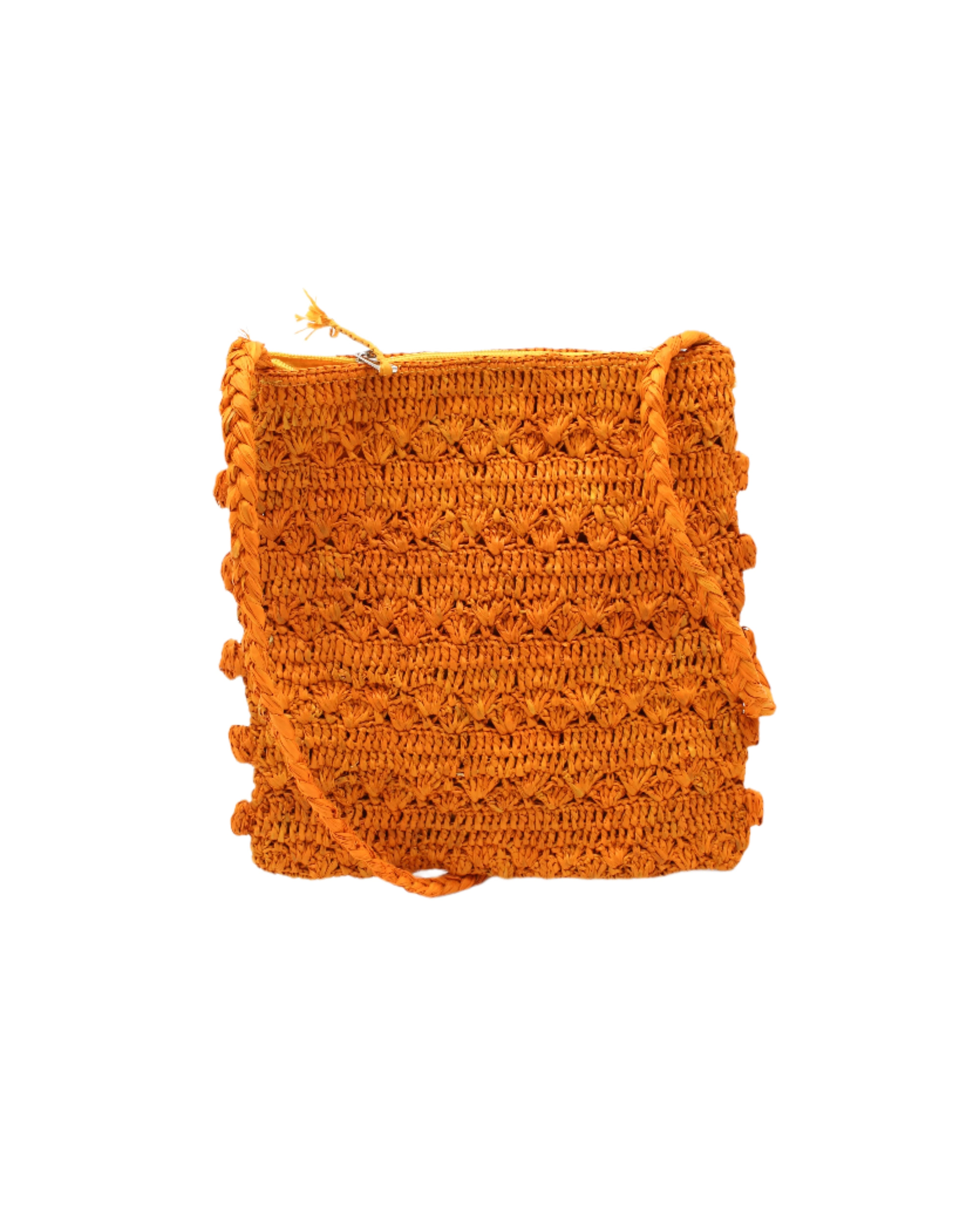 Kristen Crochet Straw Crossbody Bag with Nub Edge handmade crochet natural raffia palm fiber in a solid hue of saffron yellow/orange with two textures of fans and links that create a horizontal stripe pattern across the bag with braided shoulder strap and crochet nub edging along the vertical sides of the purse - Shebobo