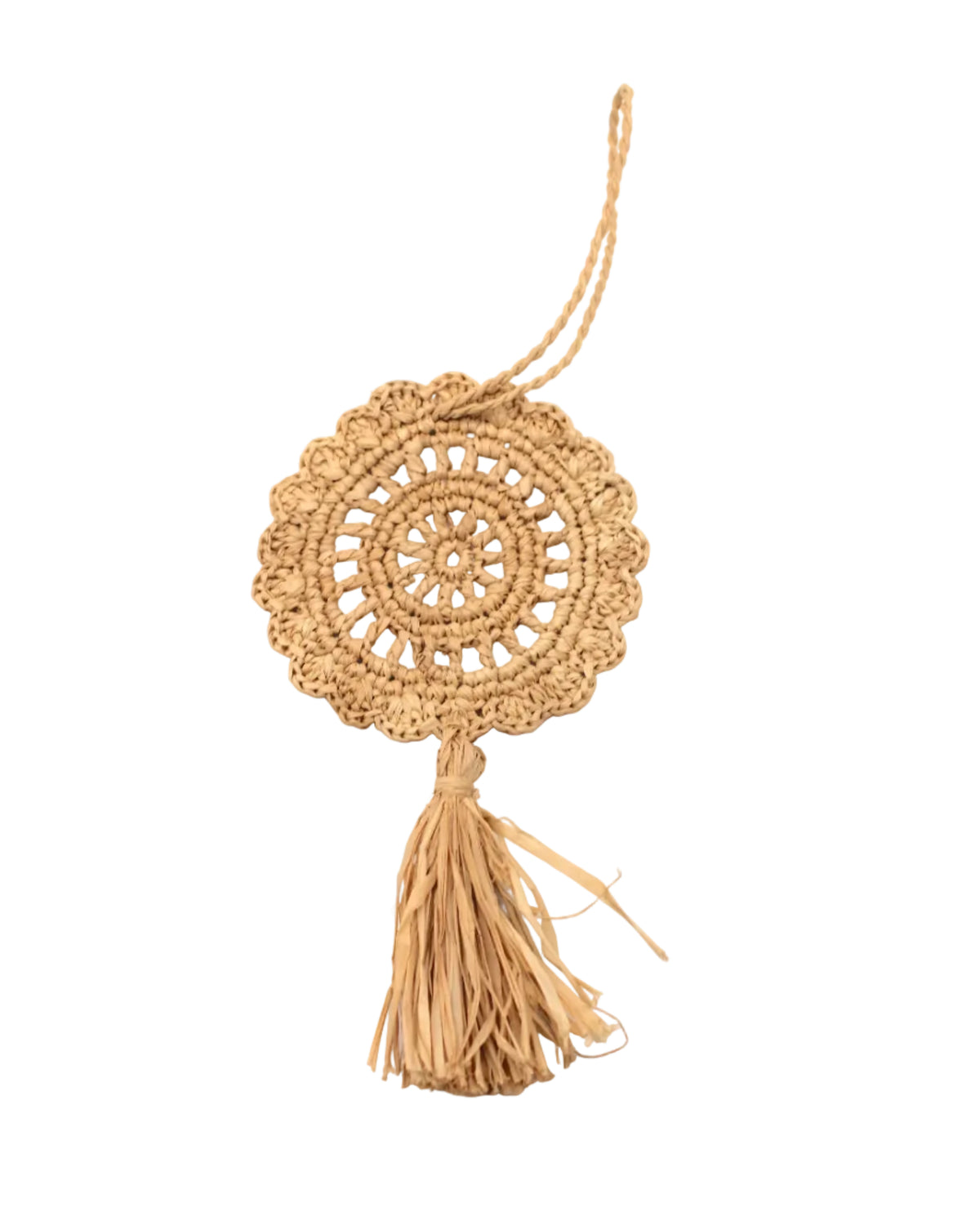 Lace Pattern Dreamcatcher Crochet Raffia Straw Tassel Charm Embellishment handmade natural raffia palm fiber in a solid hue of natural straw color in a woven lace style disc with two concentric rings of open circular pattern in the center and scalloped outer edge with matching twist loop and brushed fringe tassel - Shebobo