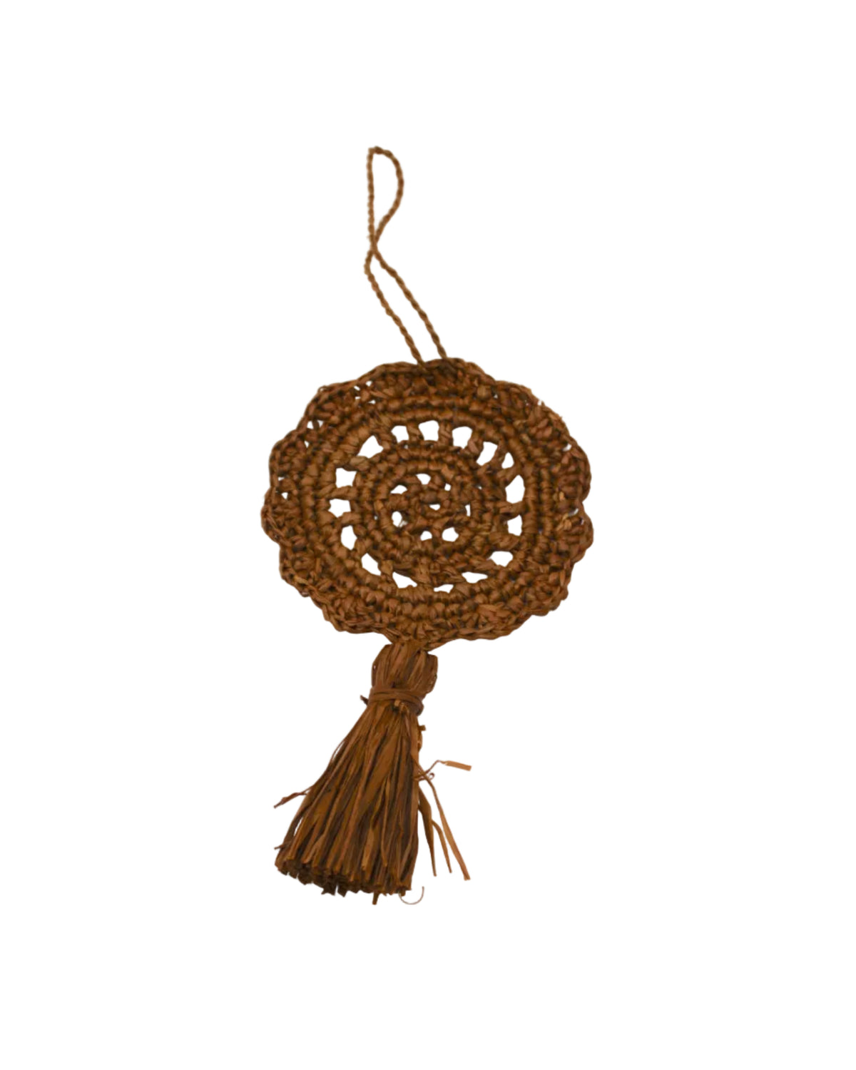 Lace Pattern Dreamcatcher Crochet Raffia Straw Tassel Charm Embellishment handmade natural raffia palm fiber in a solid hue of Tobacco cinnamon/dark/brown in a woven lace style disc with two concentric rings of open circular pattern in the center and scalloped outer edge with matching twist loop and brushed fringe tassel - Shebobo