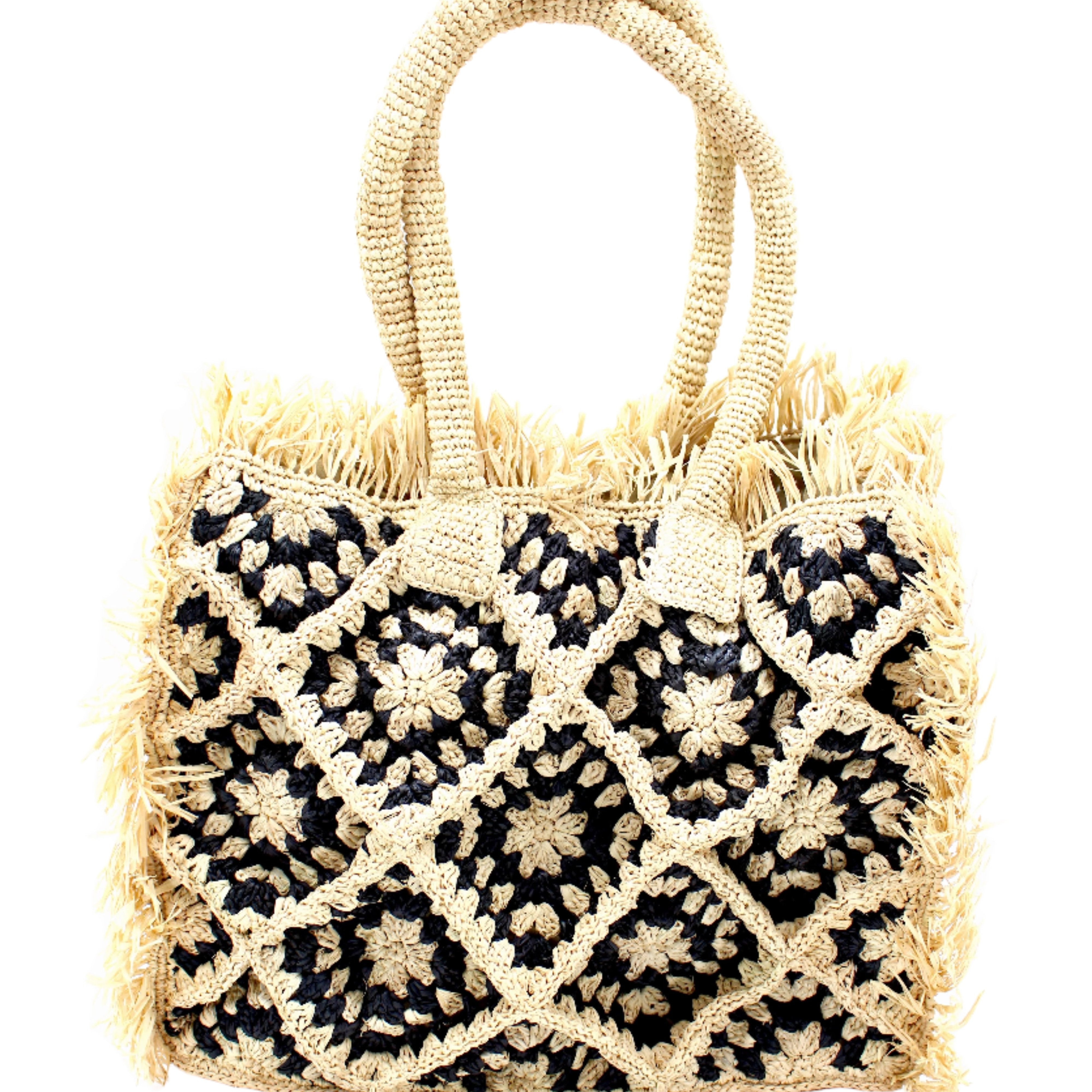 Leo Crochet Granny Square Pattern Handbag with Fringe Edge handmade woven raffia palm fiber in a two tone black and natural straw color multicolor pattern of woven granny squares oriented on the diagonal with natural raw fringe edging and handles basket bag - Shebobo