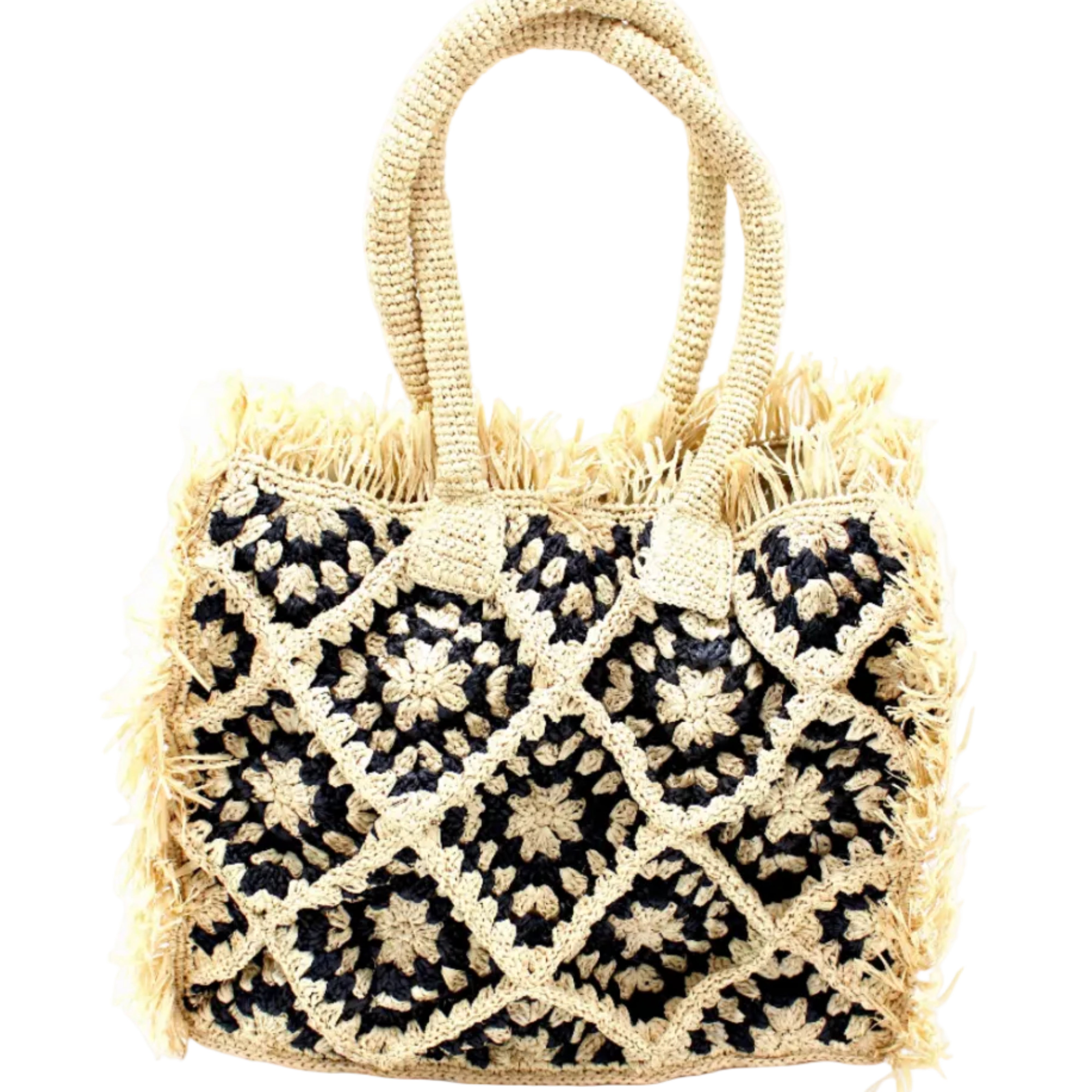 Leo Crochet Granny Square Pattern Handbag with Fringe Edge handmade woven raffia palm fiber in a two tone black and natural straw color multicolor pattern of woven granny squares oriented on the diagonal with natural raw fringe edging and handles basket bag - Shebobo