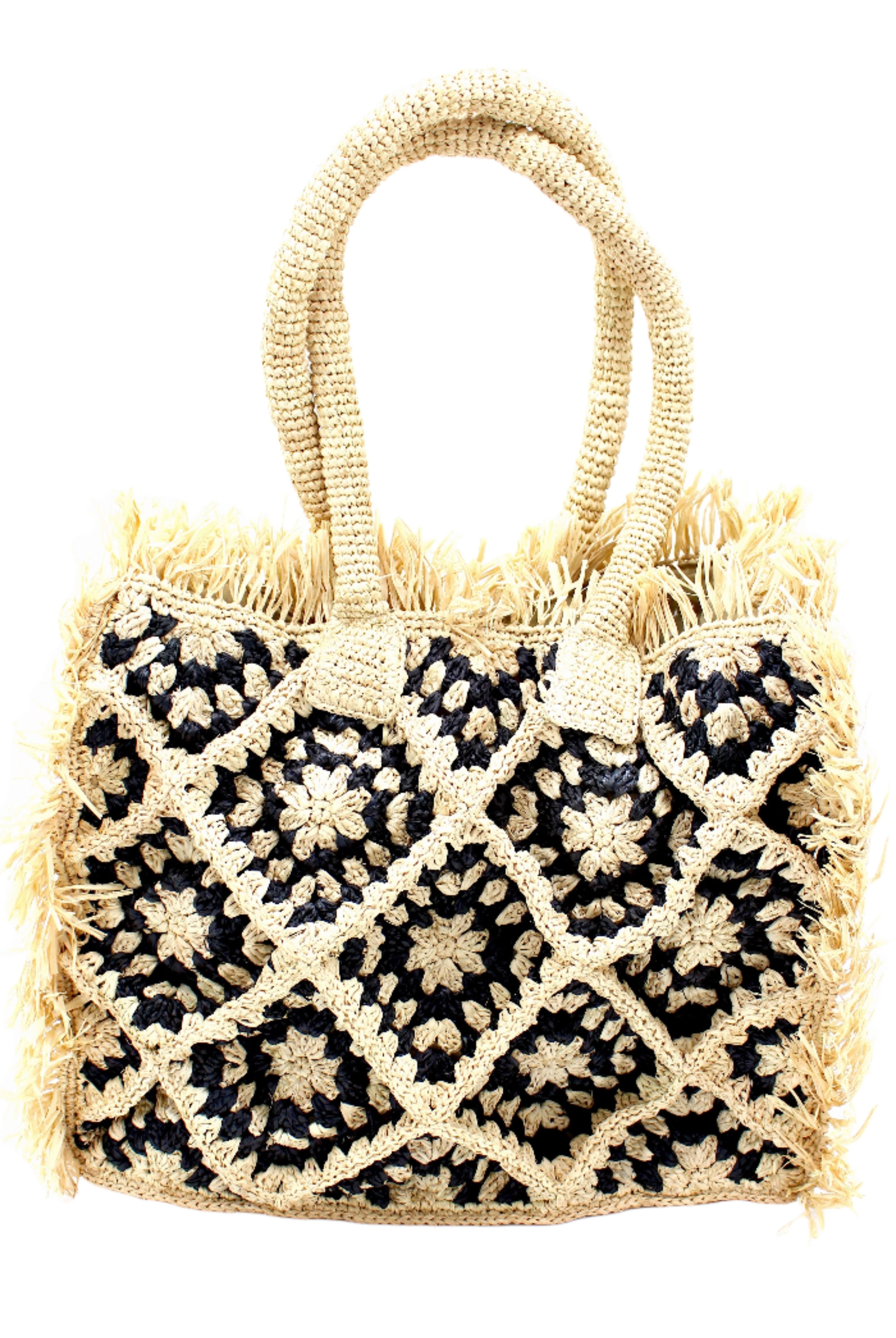 Leo Crochet Granny Square Pattern Handbag with Fringe Edge handmade woven raffia palm fiber in a two tone black and natural straw color multicolor pattern of woven granny squares oriented on the diagonal with natural raw fringe edging and handles basket bag - Shebobo