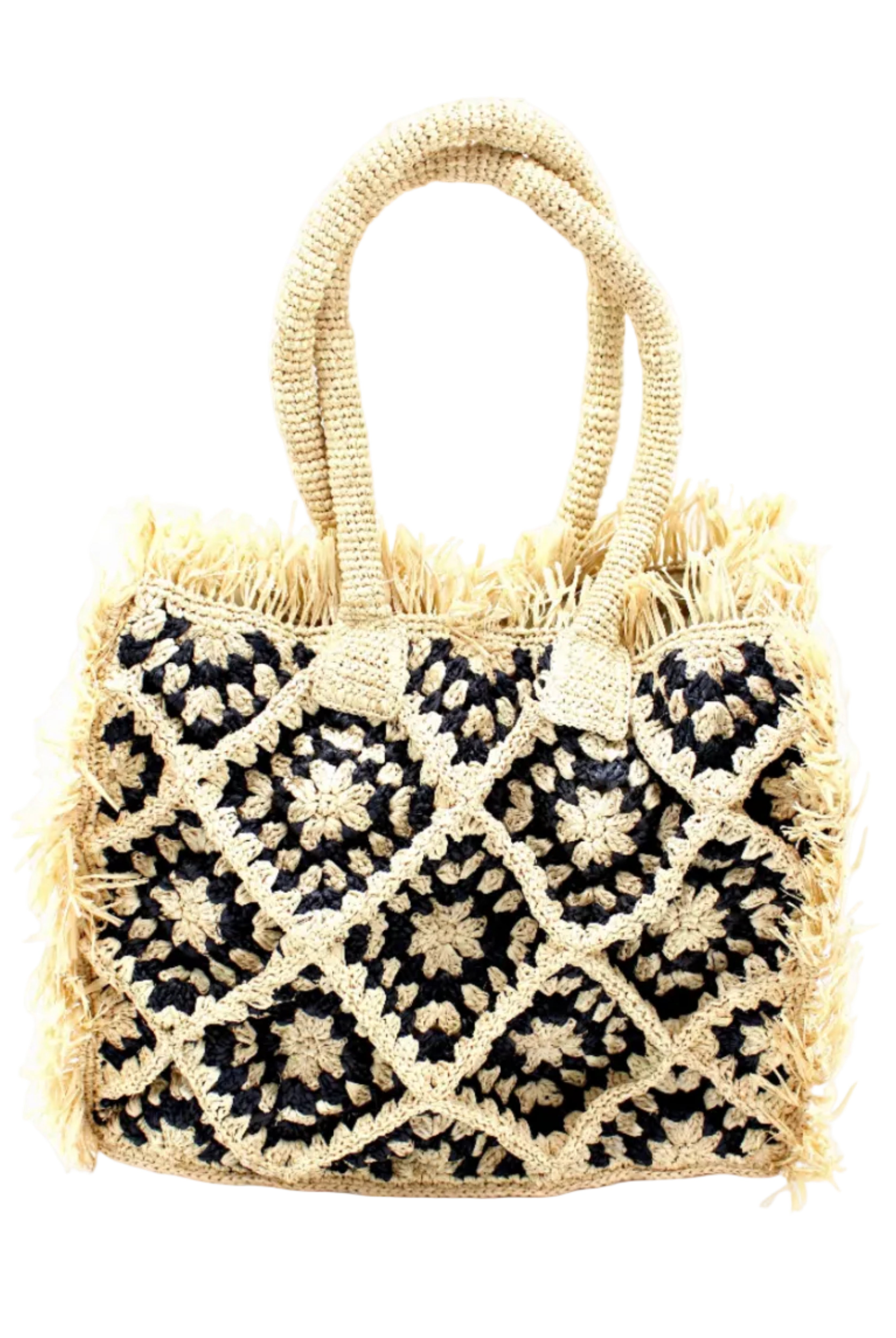 Leo Crochet Granny Square Pattern Handbag with Fringe Edge handmade woven raffia palm fiber in a two tone black and natural straw color multicolor pattern of woven granny squares oriented on the diagonal with natural raw fringe edging and handles basket bag - Shebobo