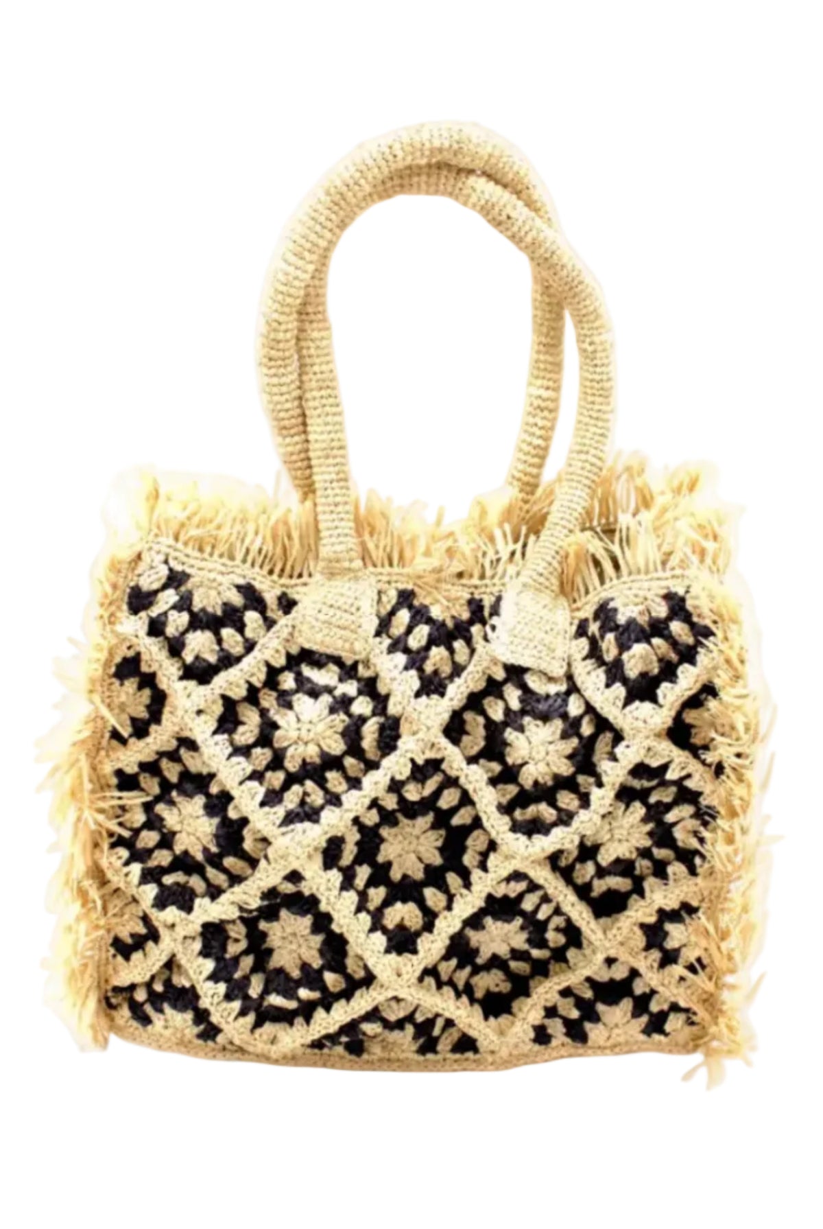 Leo Crochet Granny Square Pattern Handbag with Fringe Edge handmade woven raffia palm fiber in a two tone black and natural straw color multicolor pattern of woven granny squares oriented on the diagonal with natural raw fringe edging and handles basket bag - Shebobo