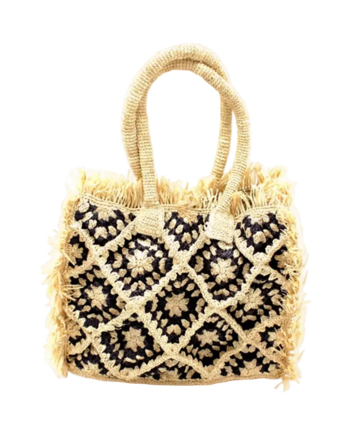Leo Crochet Granny Square Pattern Handbag with Fringe Edge handmade woven raffia palm fiber in a two tone black and natural straw color multicolor pattern of woven granny squares oriented on the diagonal with natural raw fringe edging and handles basket bag - Shebobo