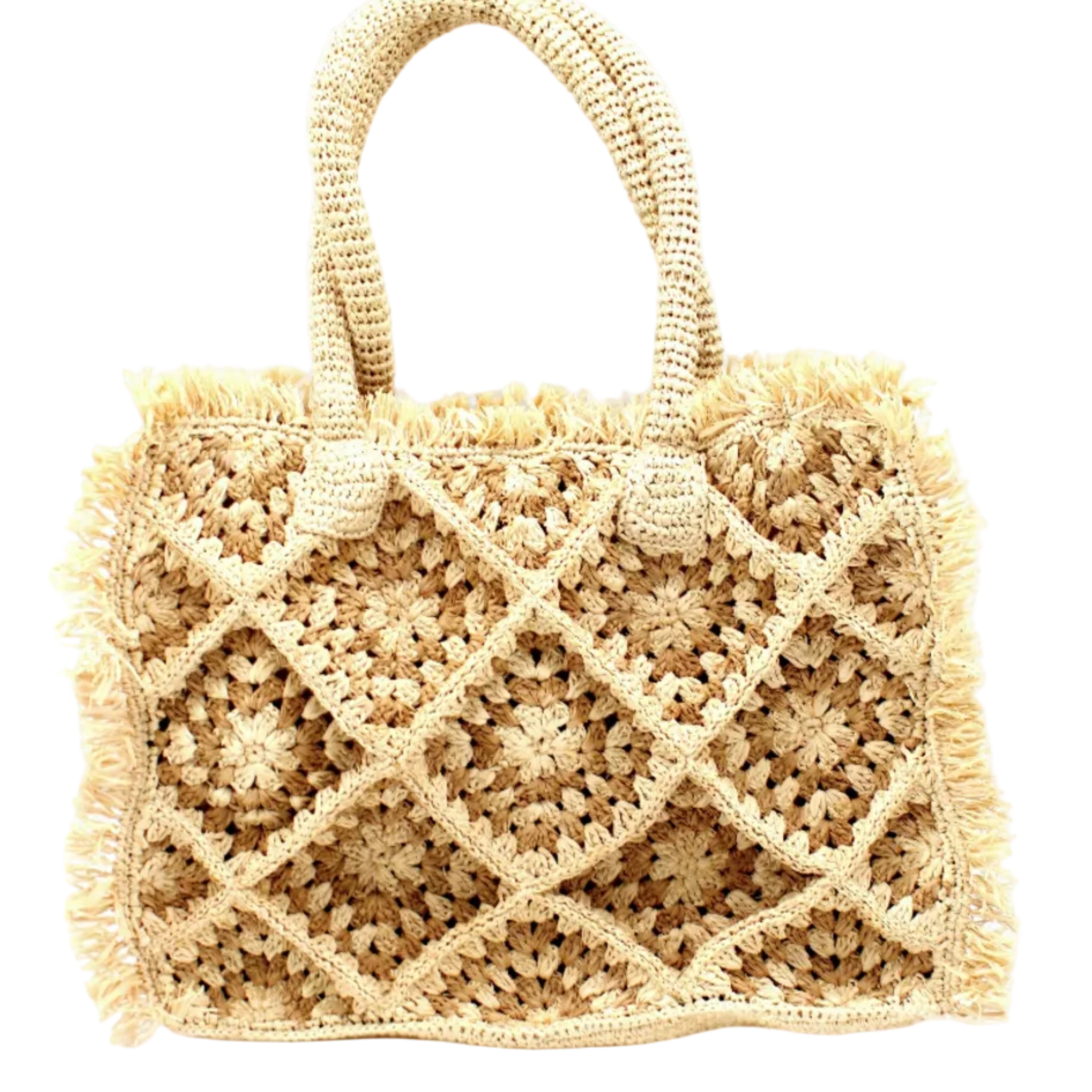 Leo Crochet Granny Square Pattern Handbag with Fringe Edge handmade woven raffia palm fiber in a two tone cappuccino light/brown/beige and natural straw color multicolor pattern of woven granny squares oriented on the diagonal with natural raw fringe edging and handles basket bag - Shebobo